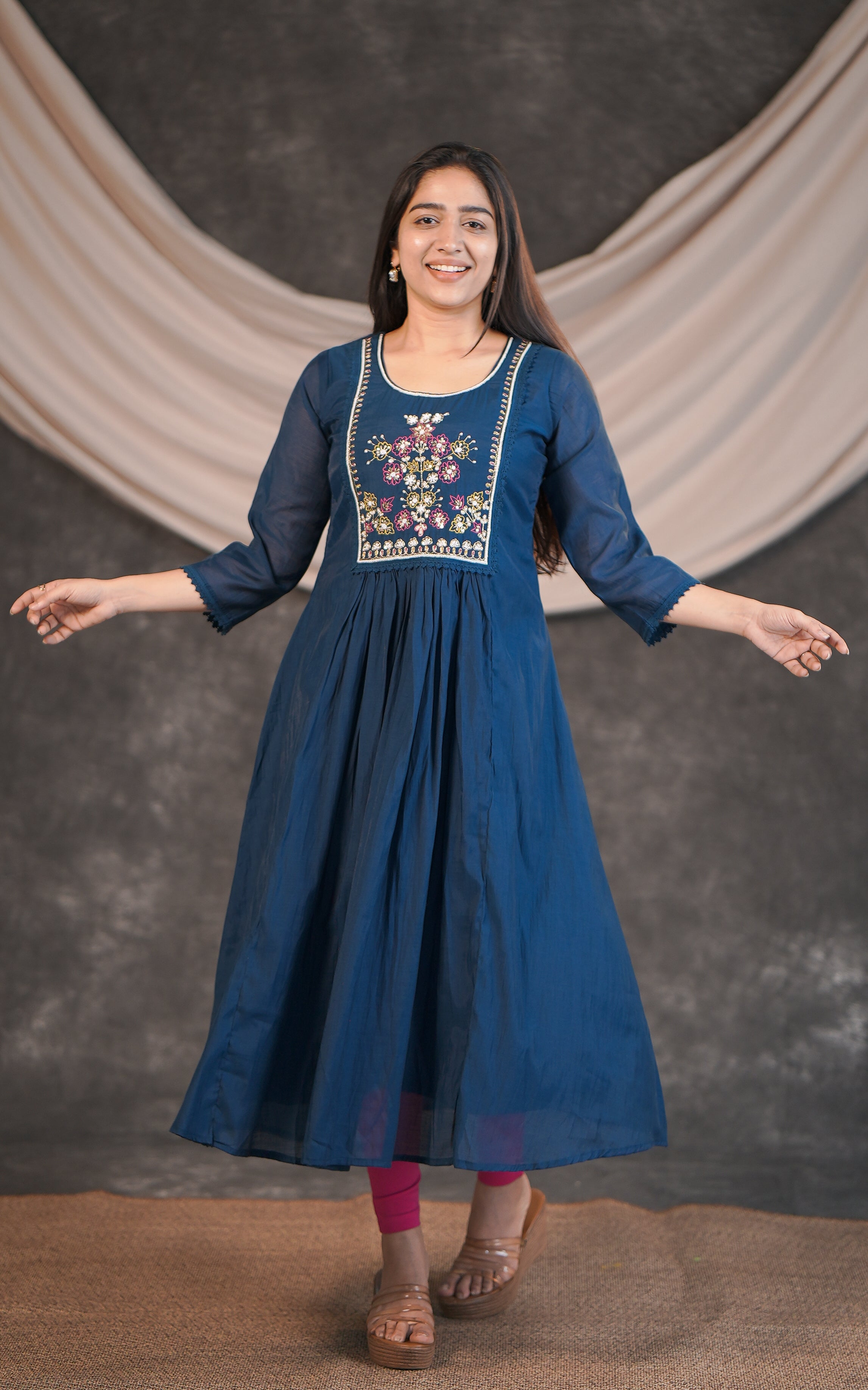 Stylish Navy Blue Art Silk A-Line Kurti for Women