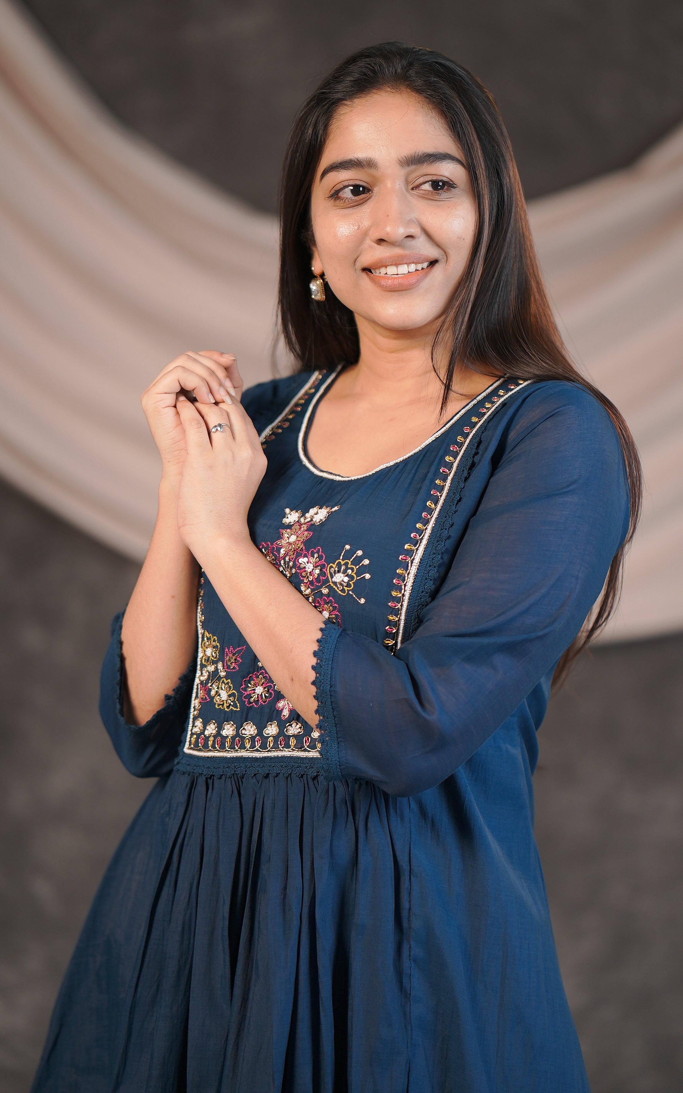Navy Blue Kurti with Front Yoke Beads & Lace Detailing