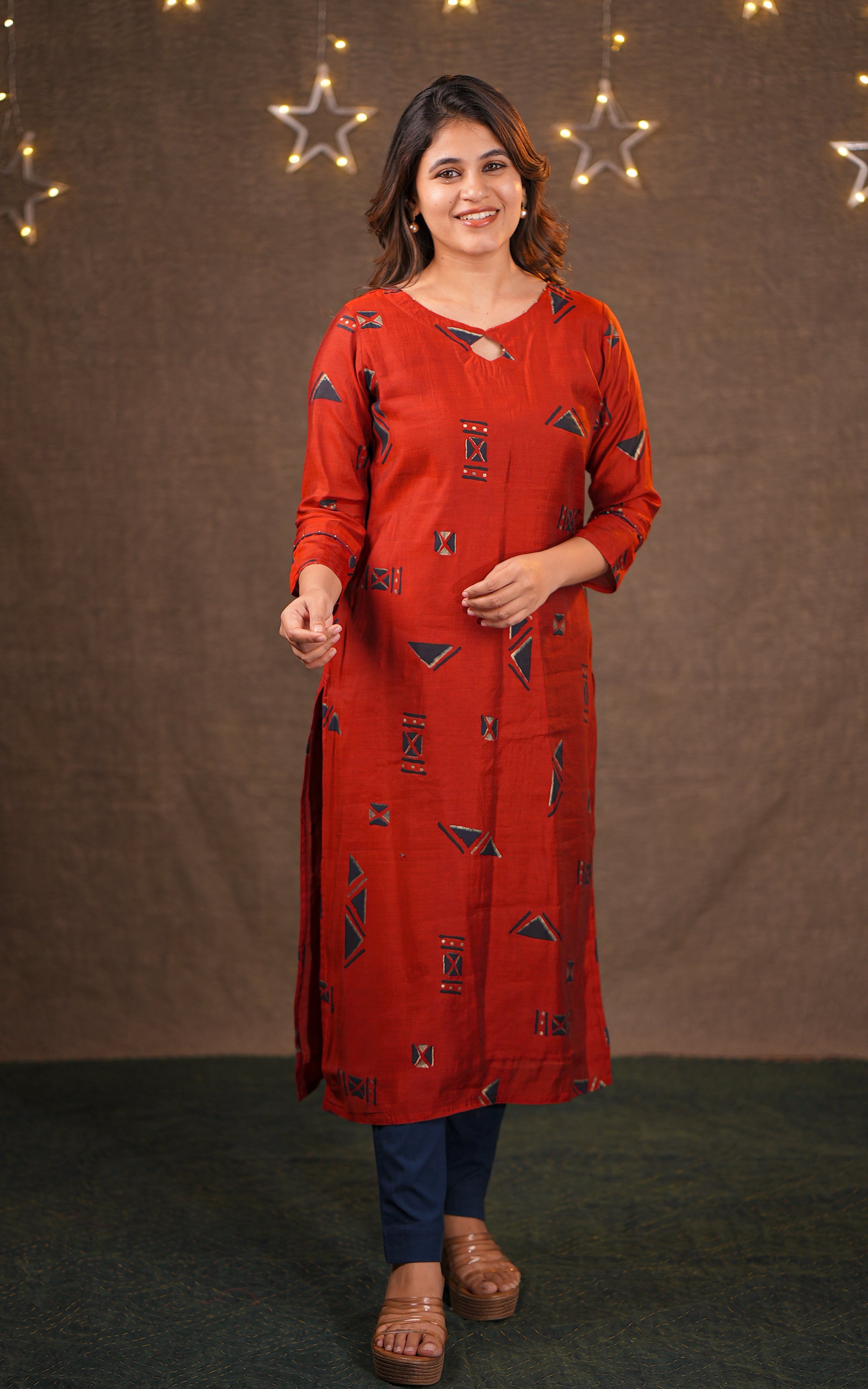 Instore - Red Color Art Silk Keyhole Neckline Straight Cut Kurti with Side Slit and Cotton Lining