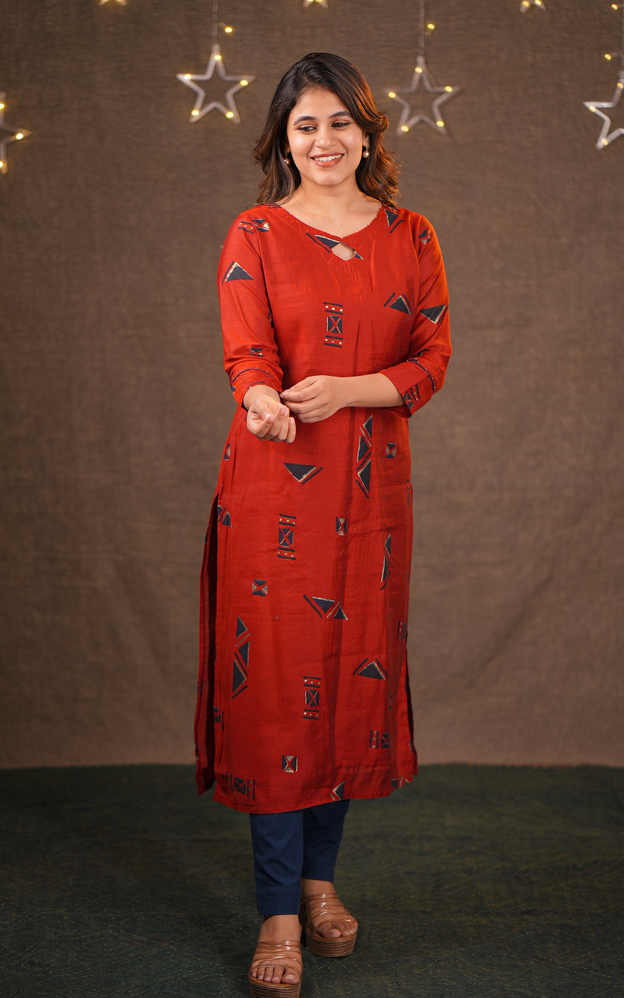 Instore - Red Color Art Silk Keyhole Neckline Straight Cut Kurti with Side Slit and Cotton Lining
