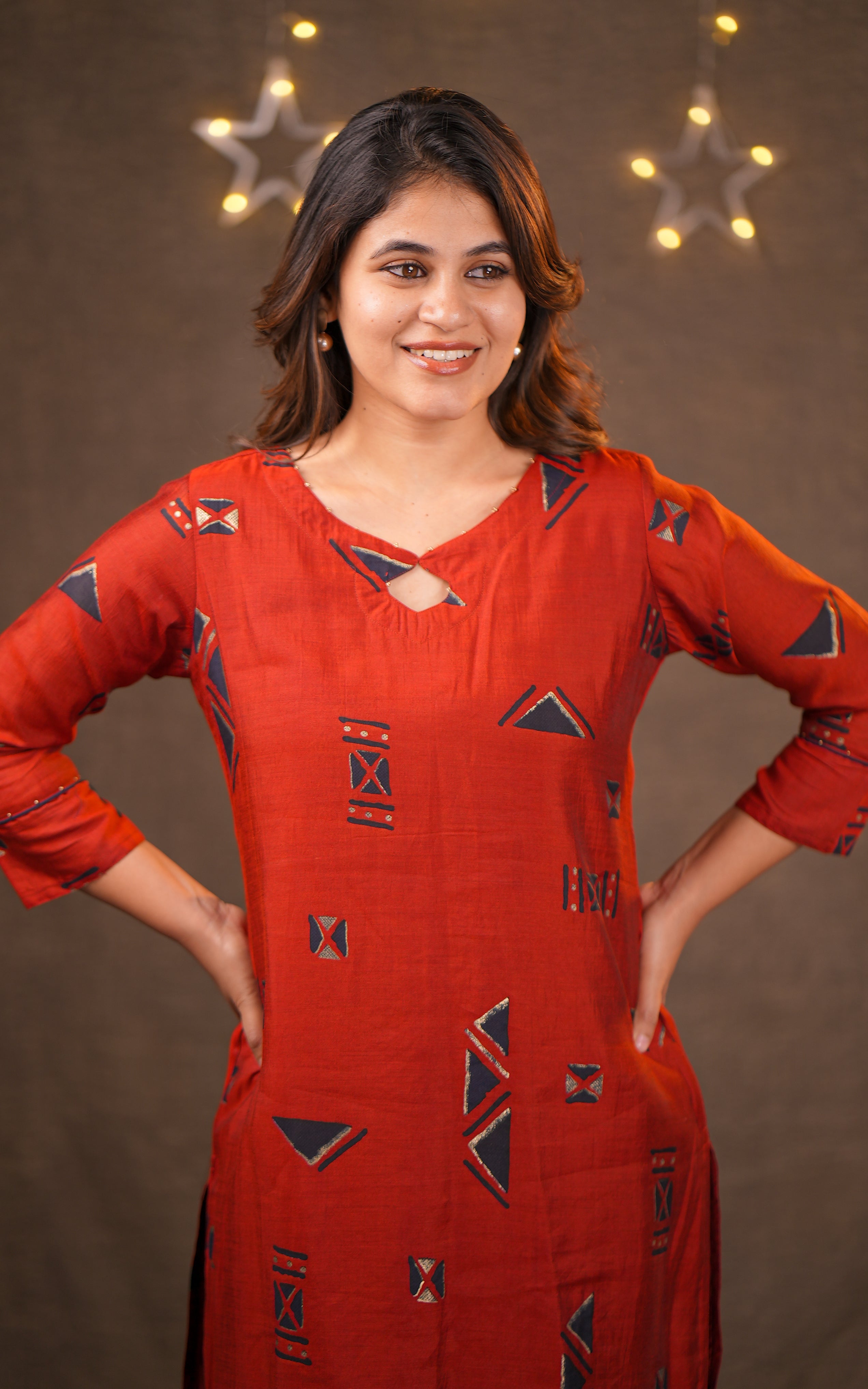 Instore - Red Color Art Silk Keyhole Neckline Straight Cut Kurti with Side Slit and Cotton Lining