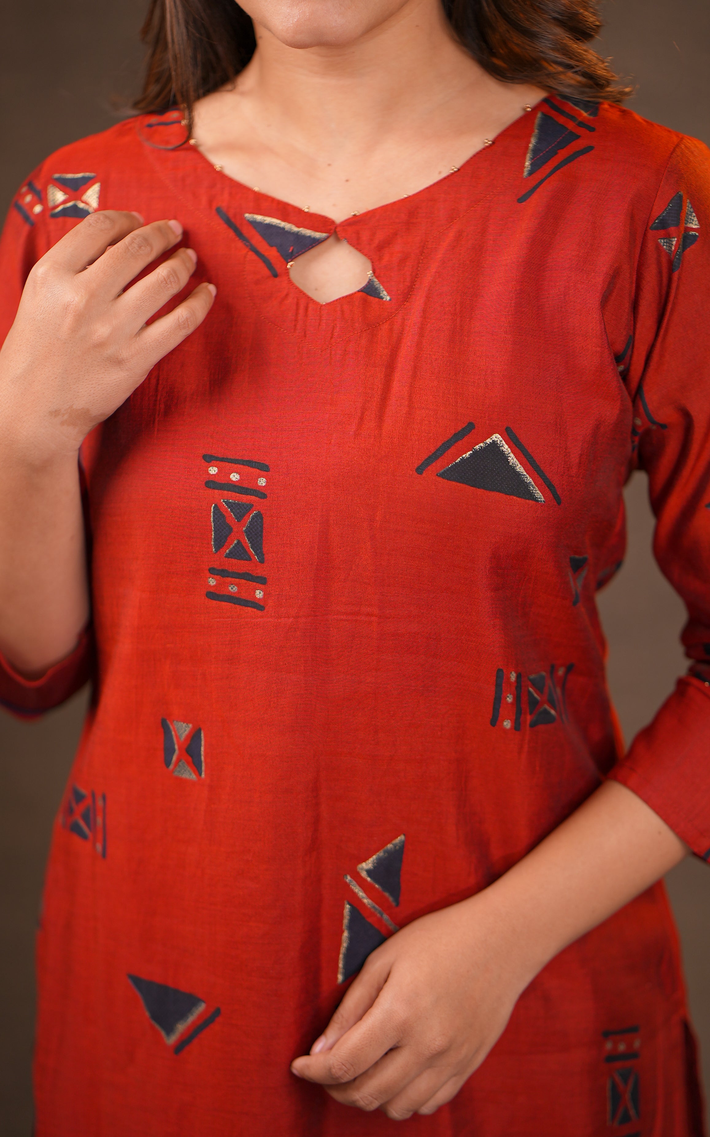 Instore - Red Color Art Silk Keyhole Neckline Straight Cut Kurti with Side Slit and Cotton Lining