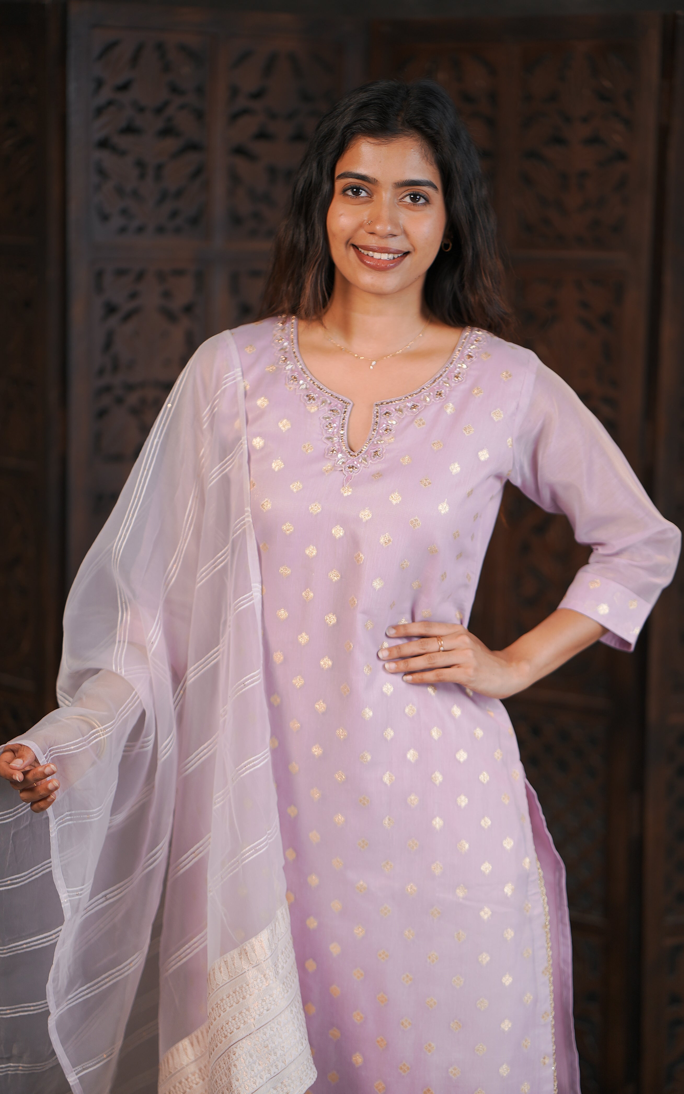 Elegant art silk kurti set with embellished neckline