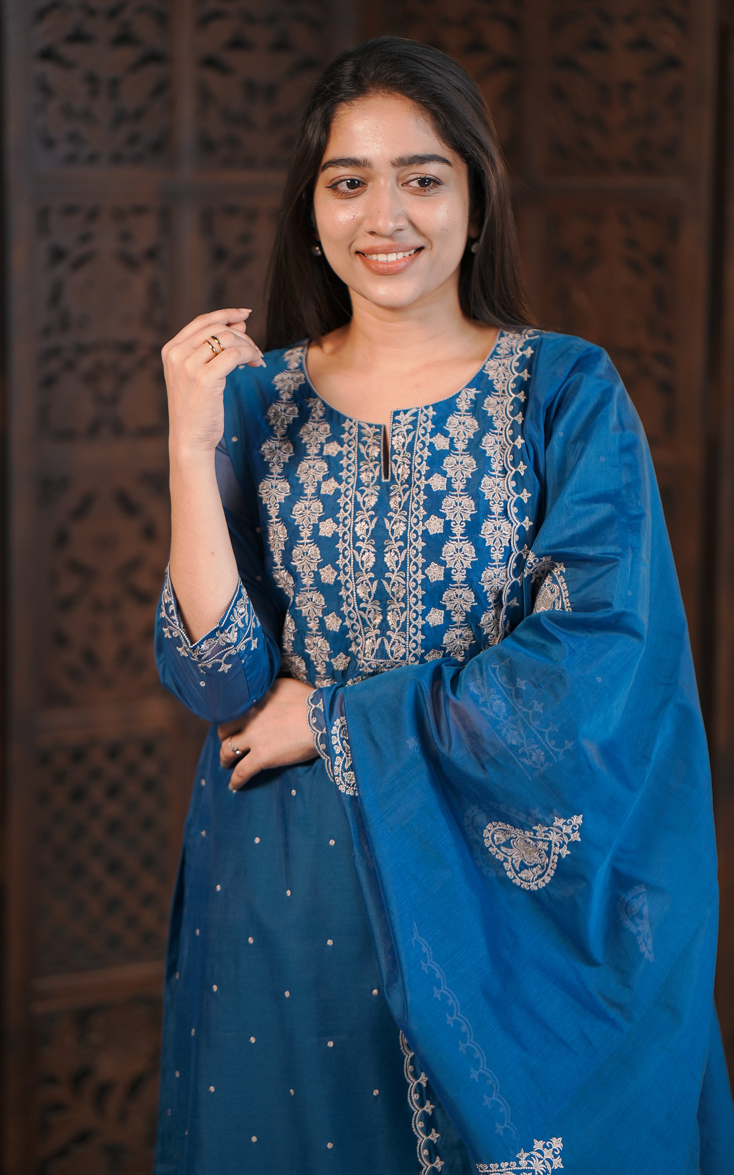 Elegant zari and thread embroidered art silk kurti set for women