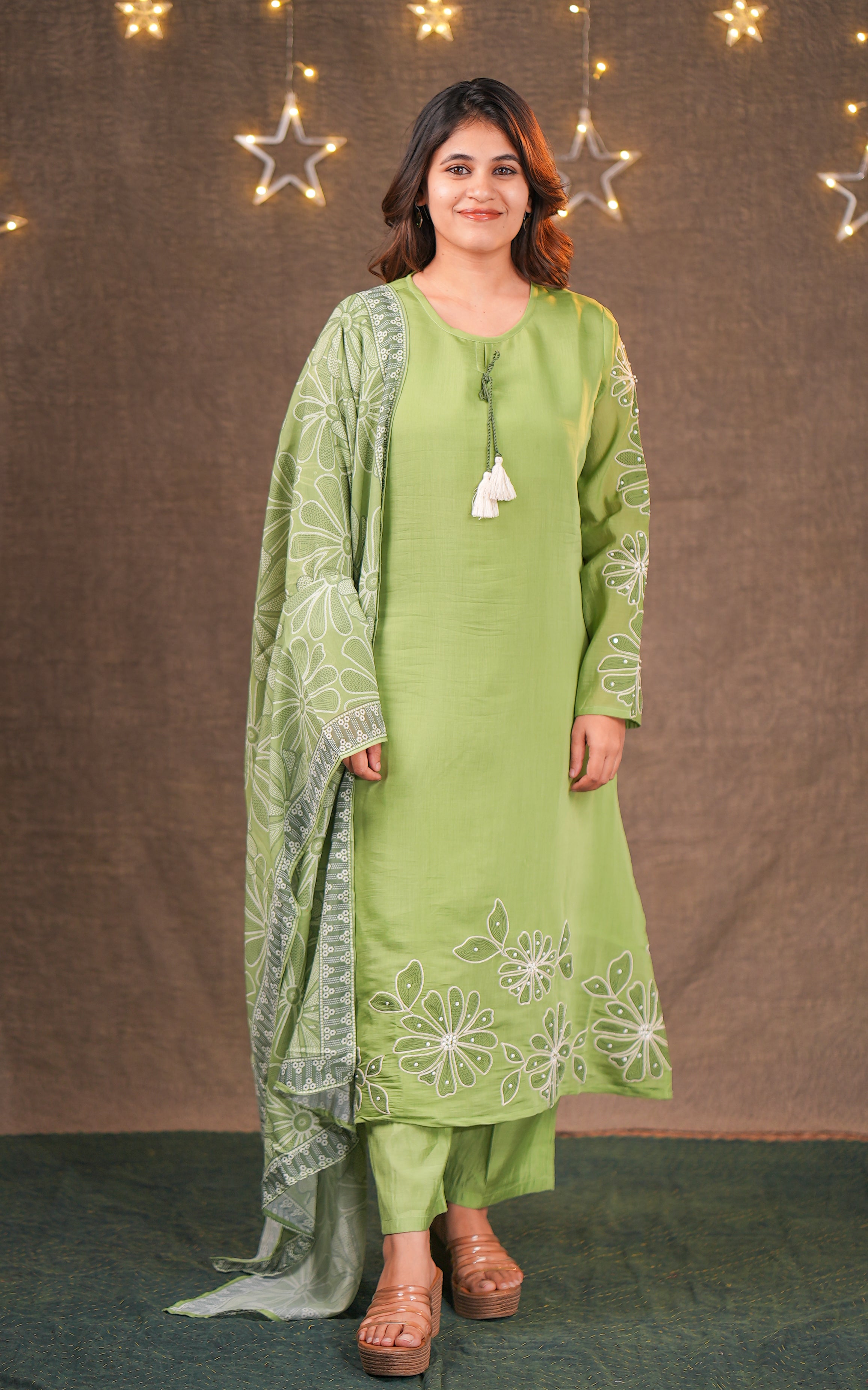 Instore - Green Color Art Silk Beads Embroidered Aline Kurti with Matching Dupatta & Palazzo Pant with One Side Pocket