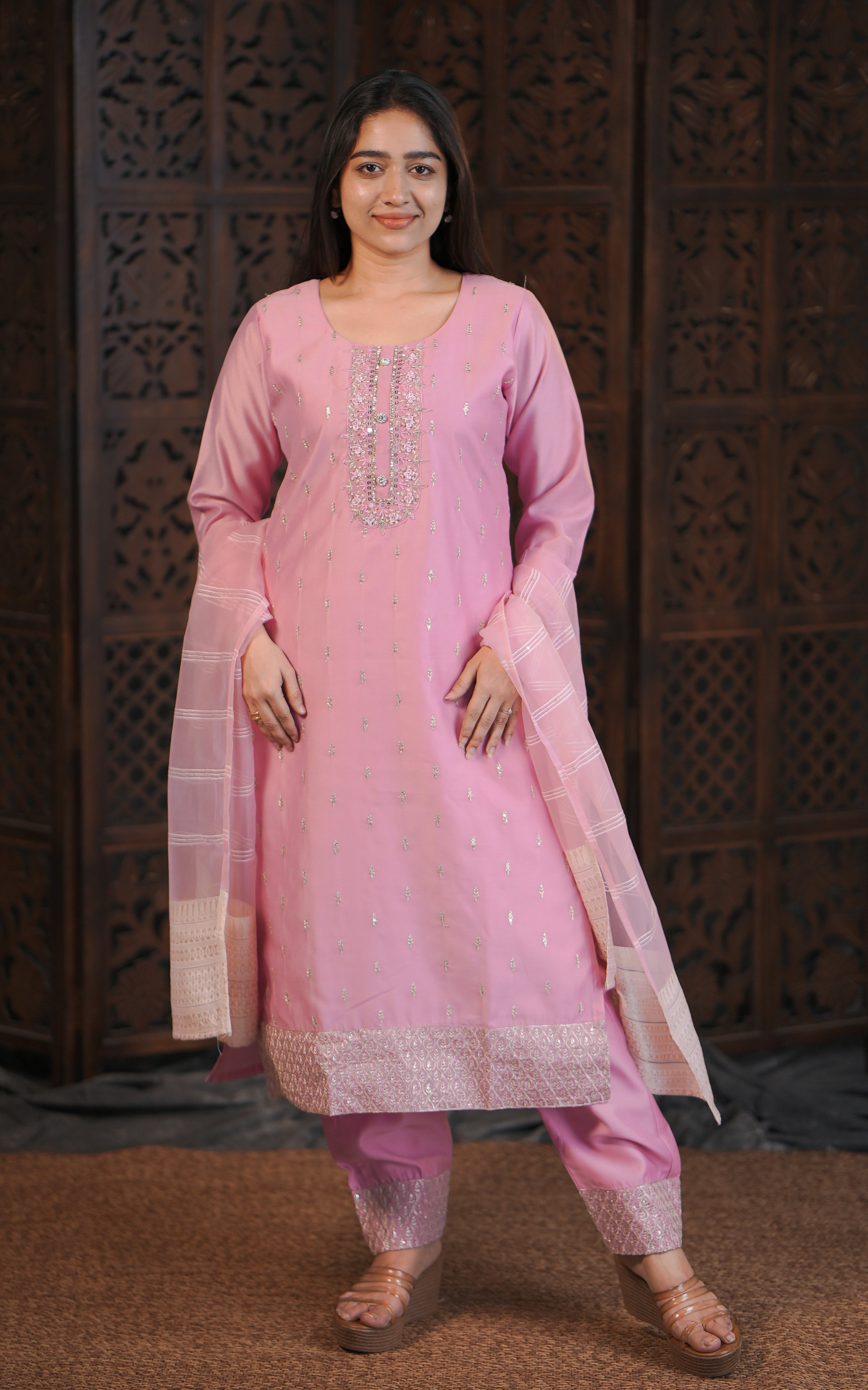 Pink Art Silk Straight Cut Kurti Pant Set with Embroidery
