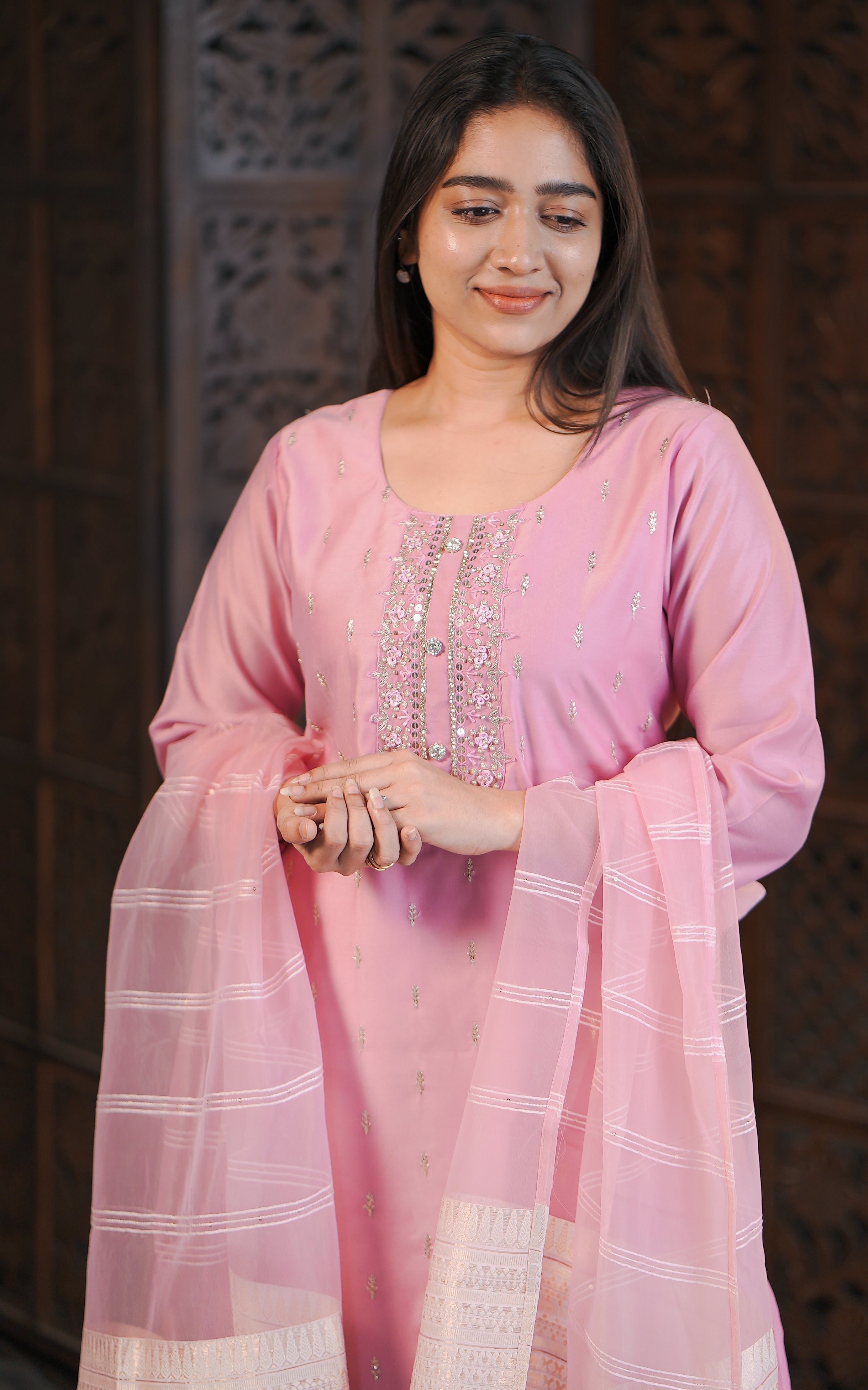 Pink Kurti Set with Beads & Mirror Work for Women