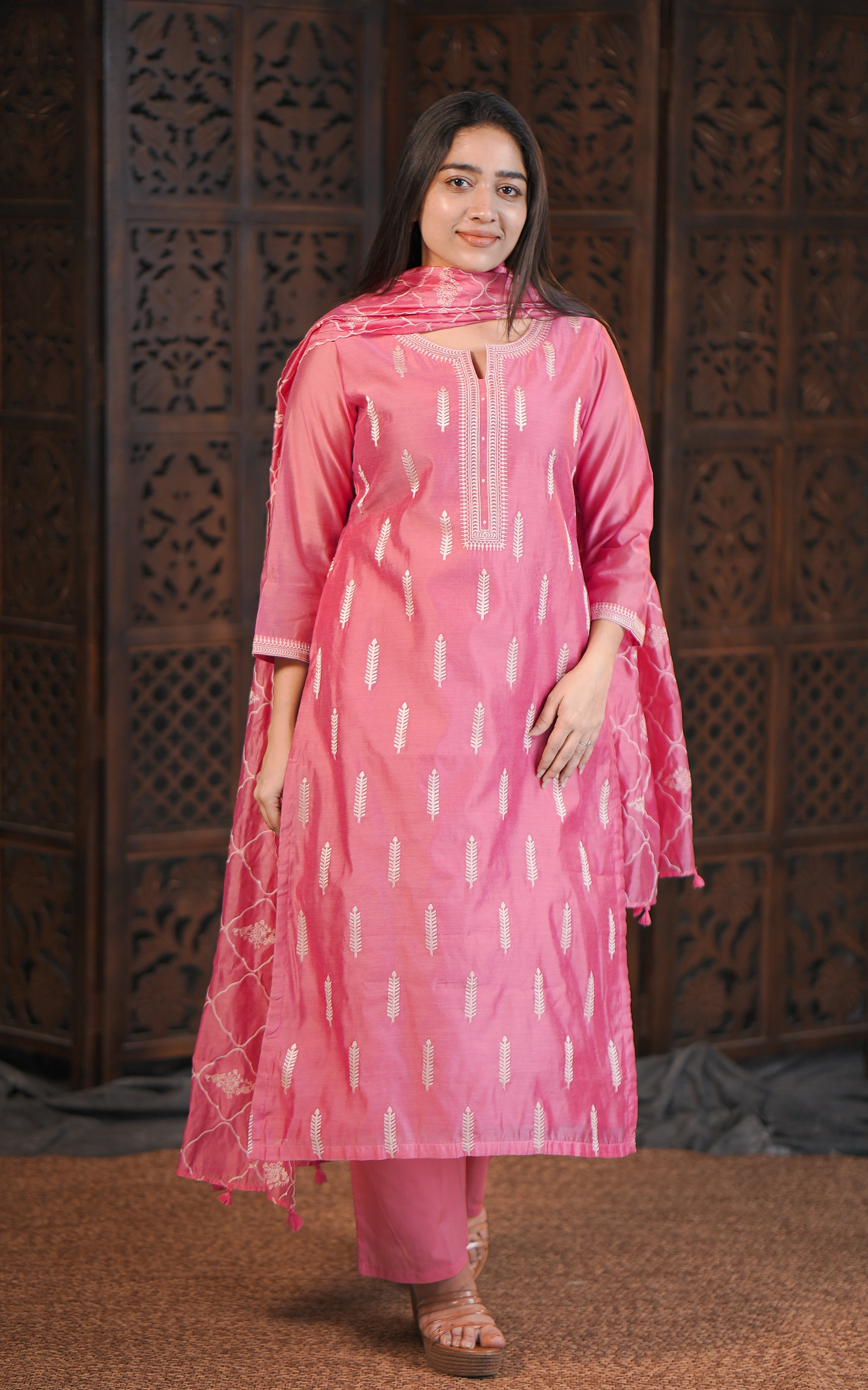 Coral pink art silk kurti set for women