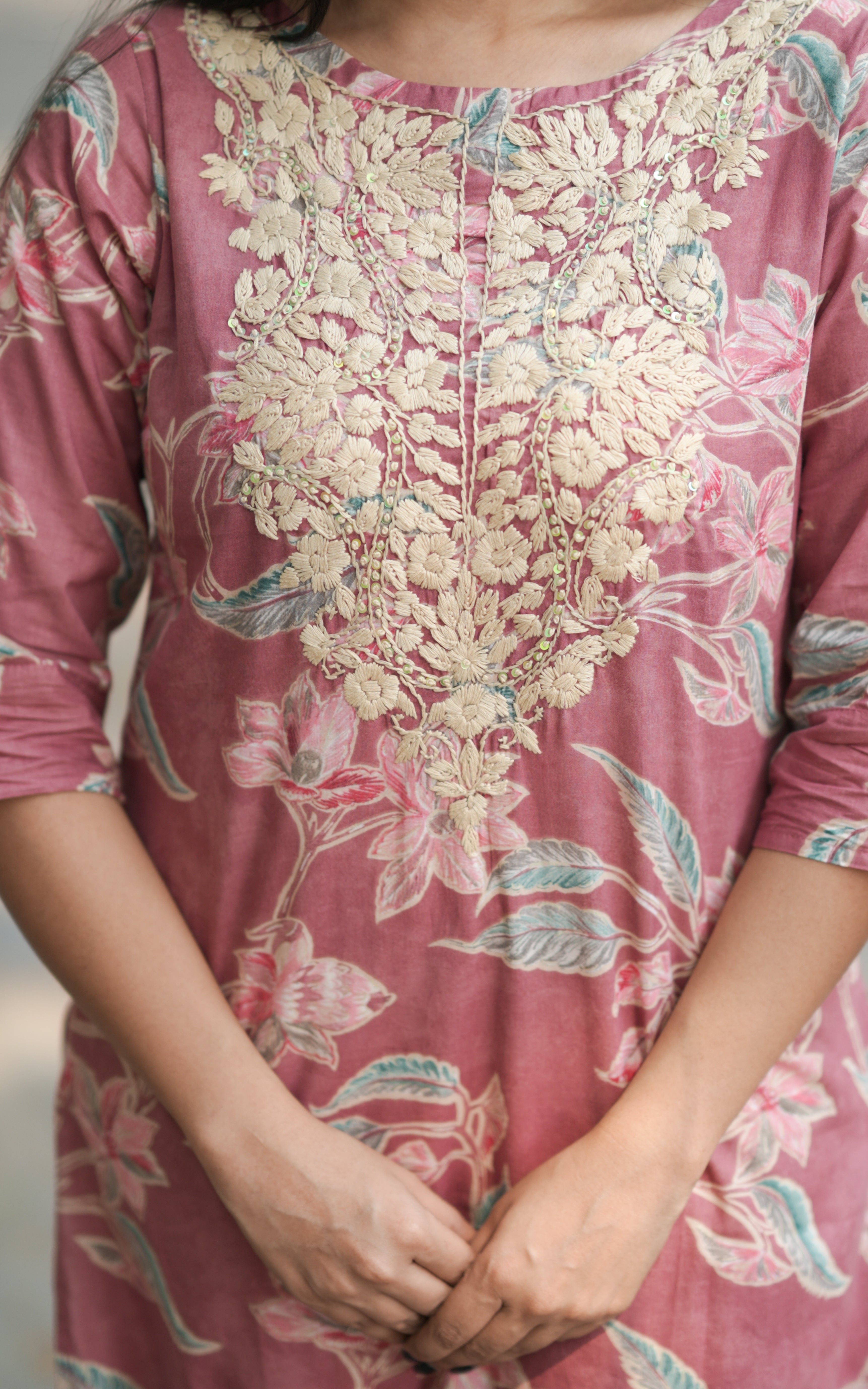 3/4th sleeves floral print pastel colour kurti 