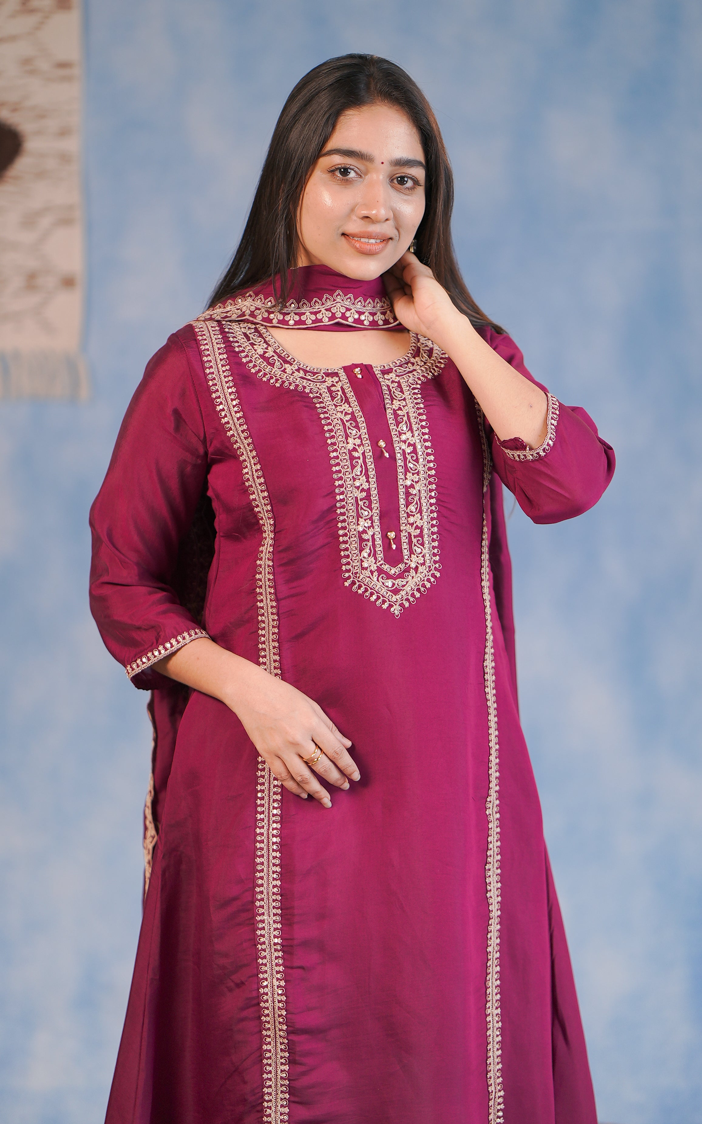 Plum‑colored kurti with matching dupatta (good for festive / ethnic).