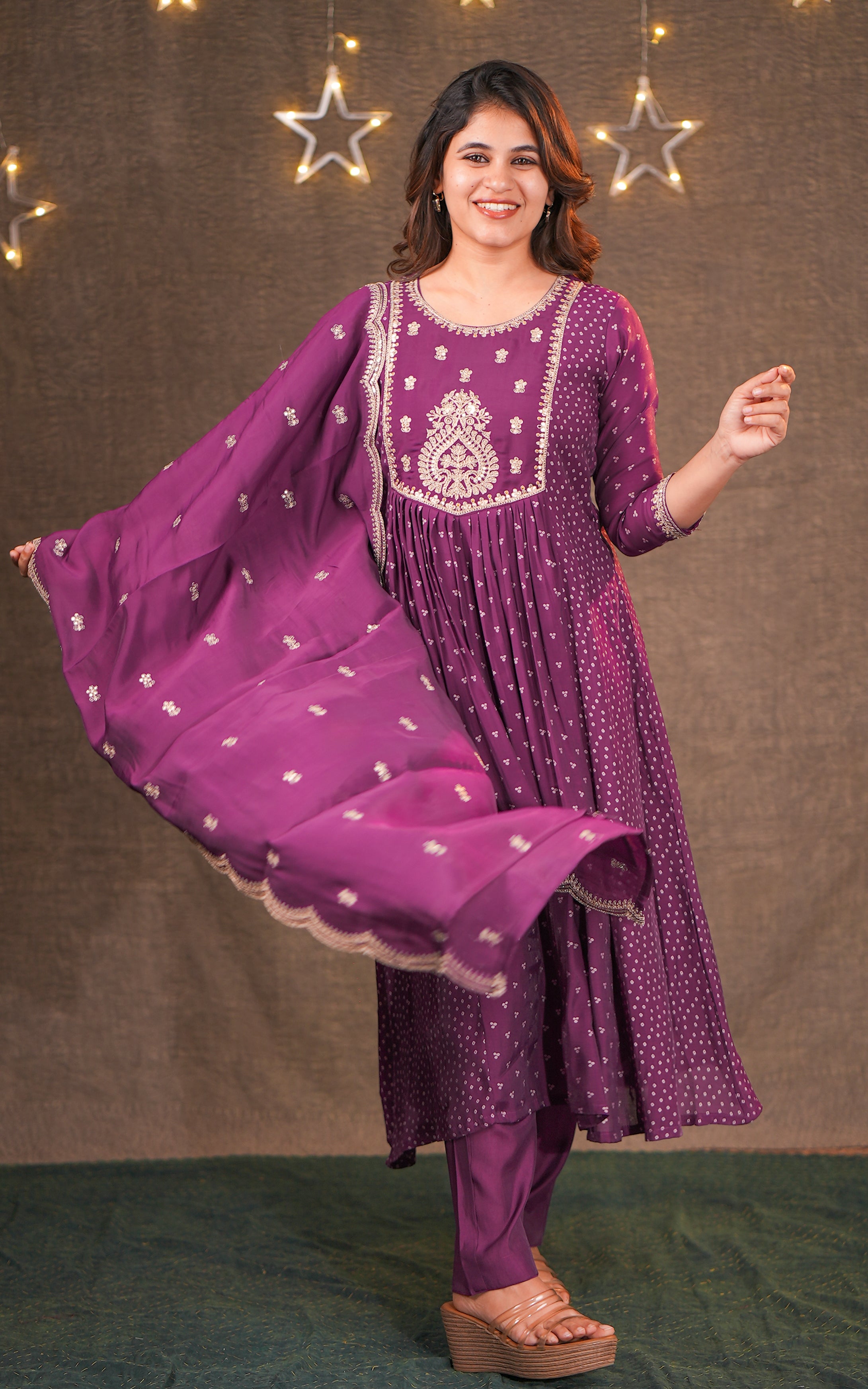 Instore - Purple Color Art Silk Embroidered Flared Anarkali Kurti with Pant & Embroidered Art Silk Dupatta, Cotton Lining