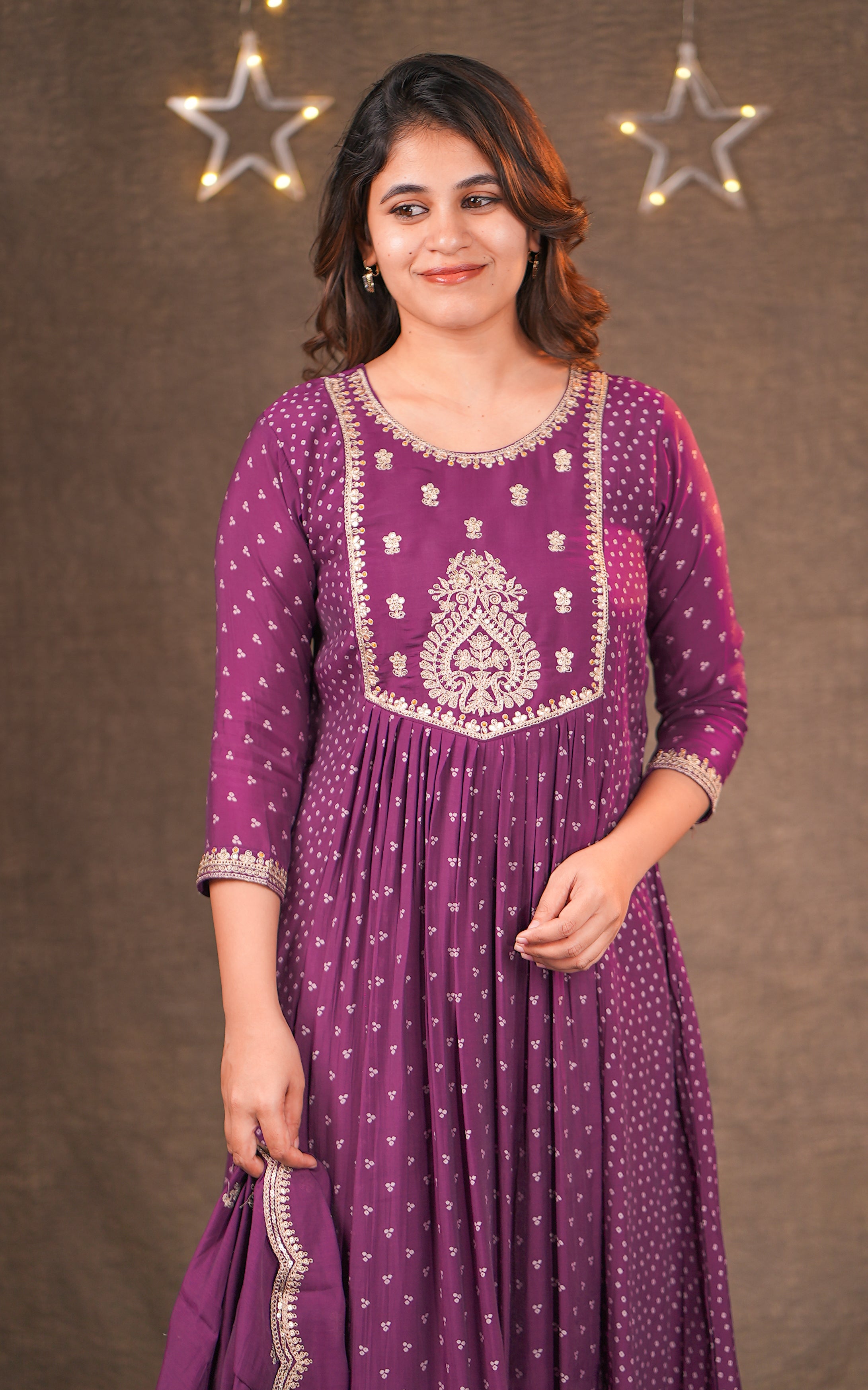 Instore - Purple Color Art Silk Embroidered Flared Anarkali Kurti with Pant & Embroidered Art Silk Dupatta, Cotton Lining