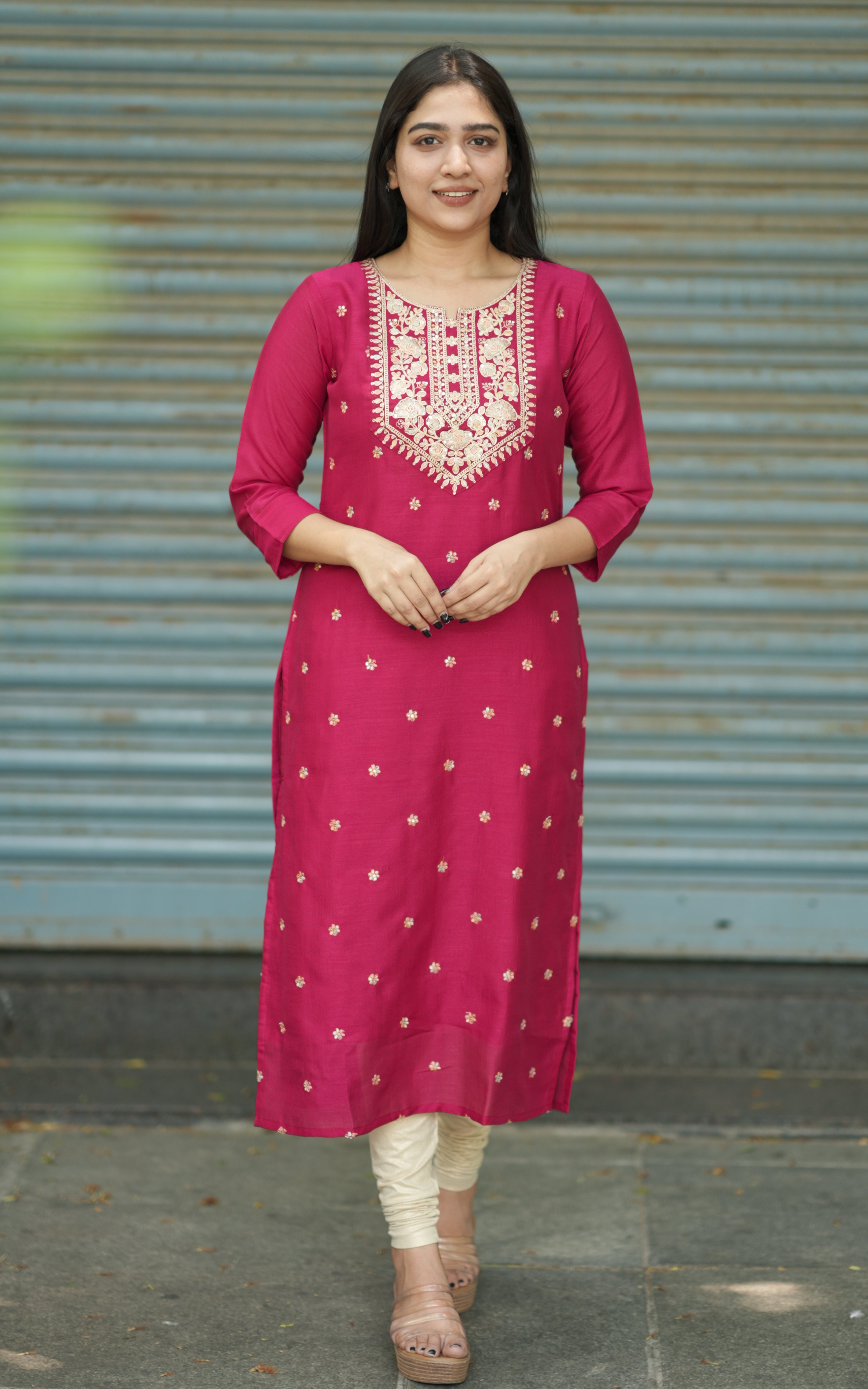  Sequence Embroidered Straight Cut Kurti with Side Slit (with Lining)