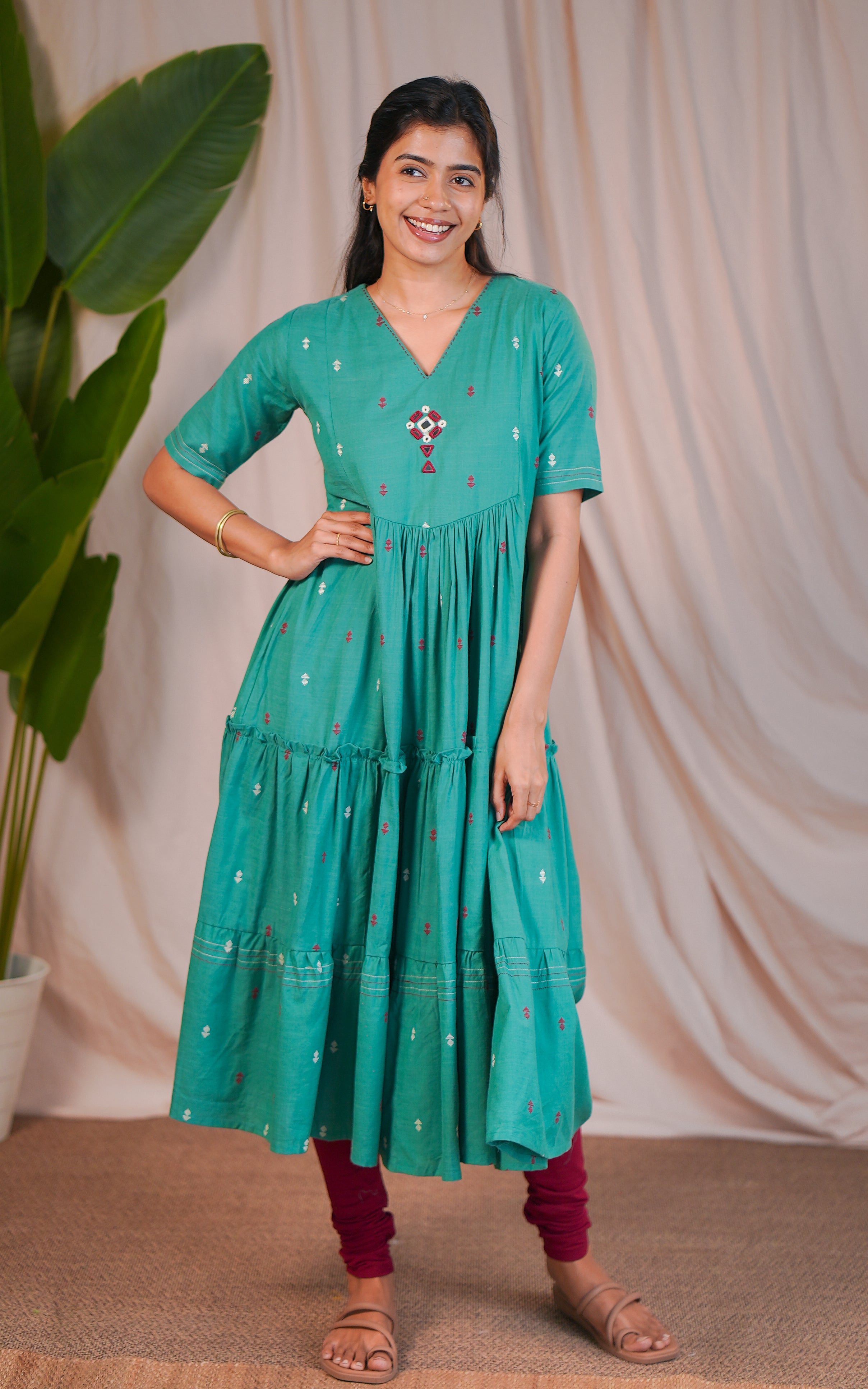 Blue Cotton Tyre Cut Kurti with Mirror Embroidery