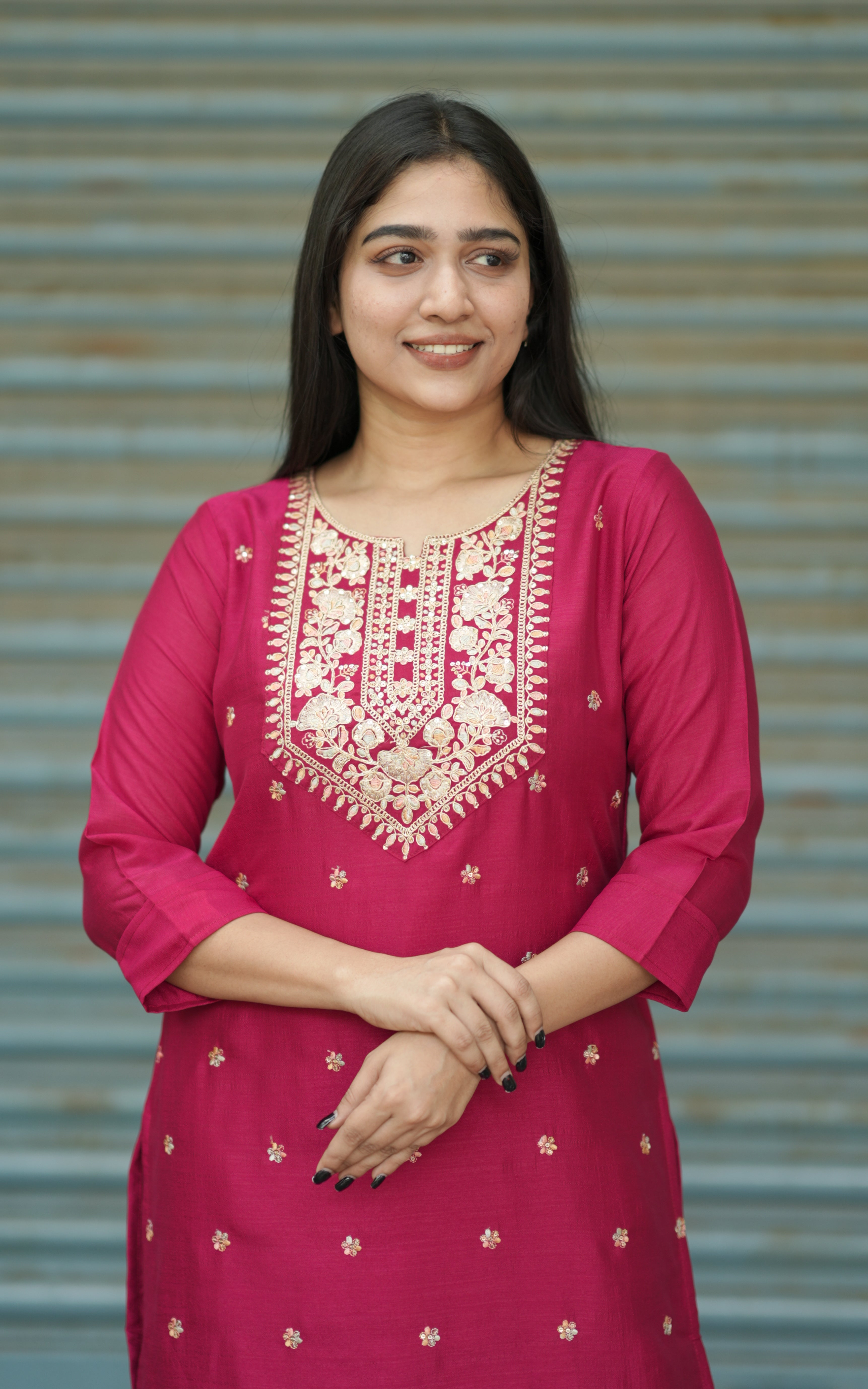  Red kurti with embroidered print