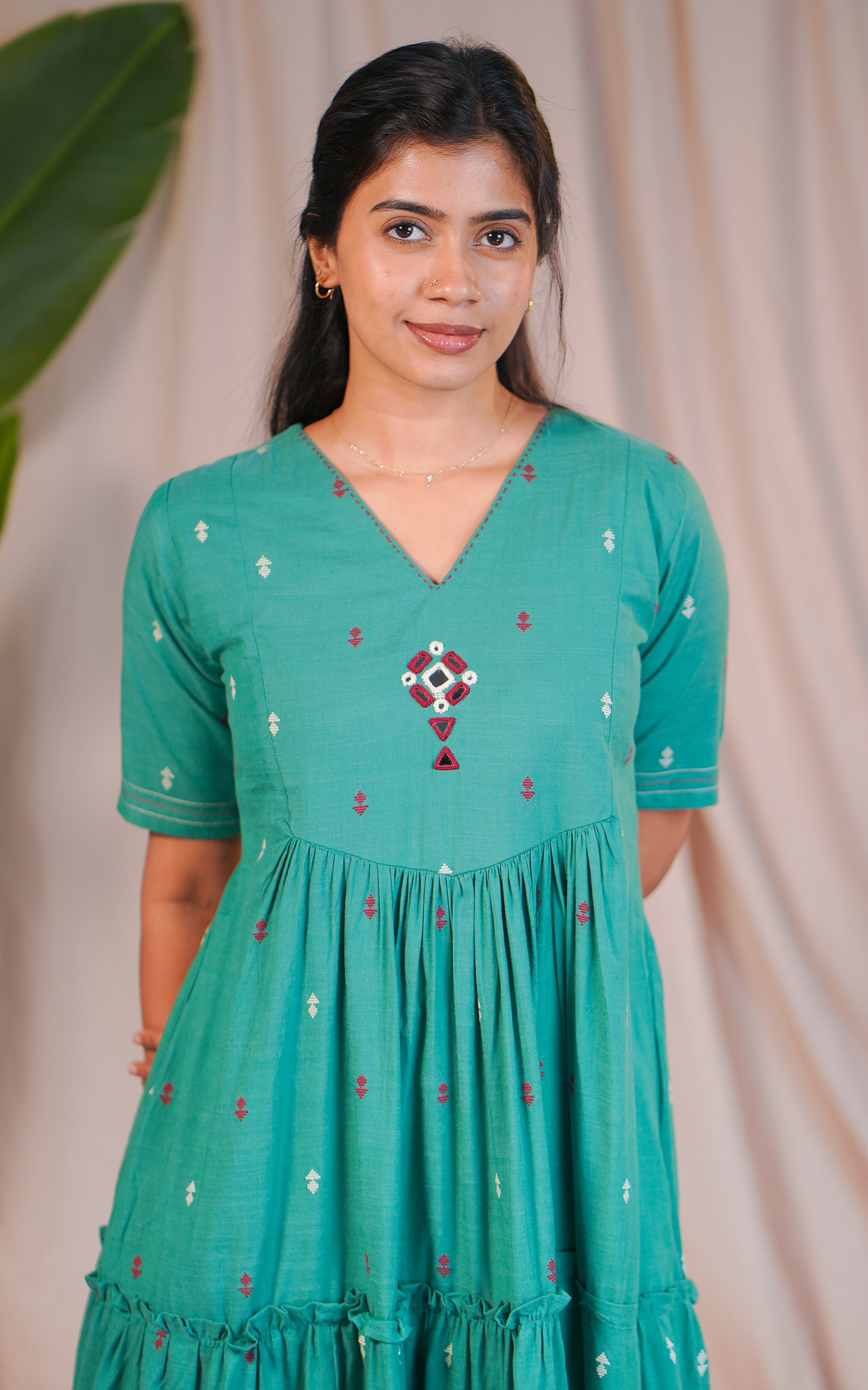 Blue V-Neck Cotton Kurti with Mirror Work