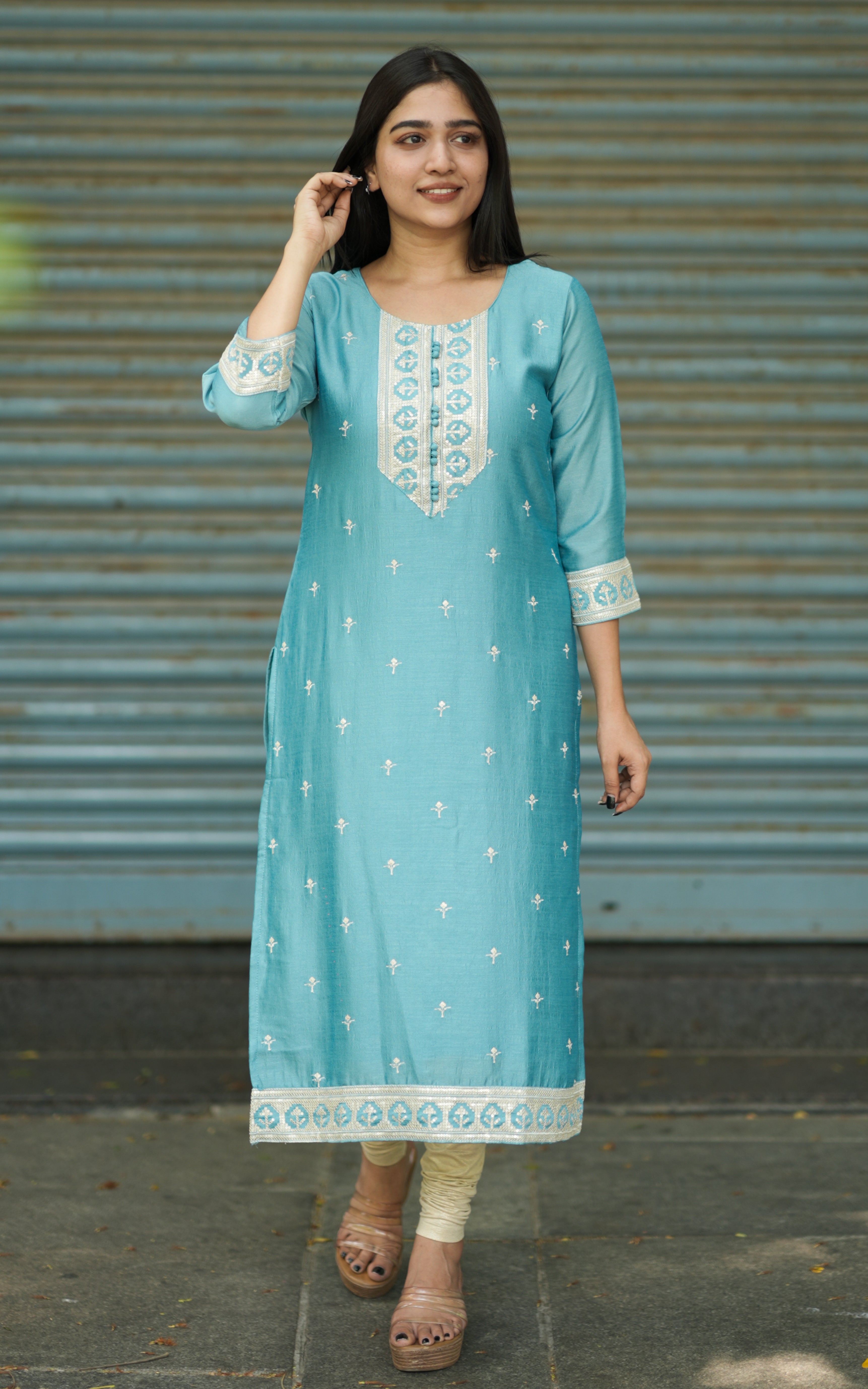 Sequence Embroidered Straight Cut Kurti with Side Silt(with Lining)