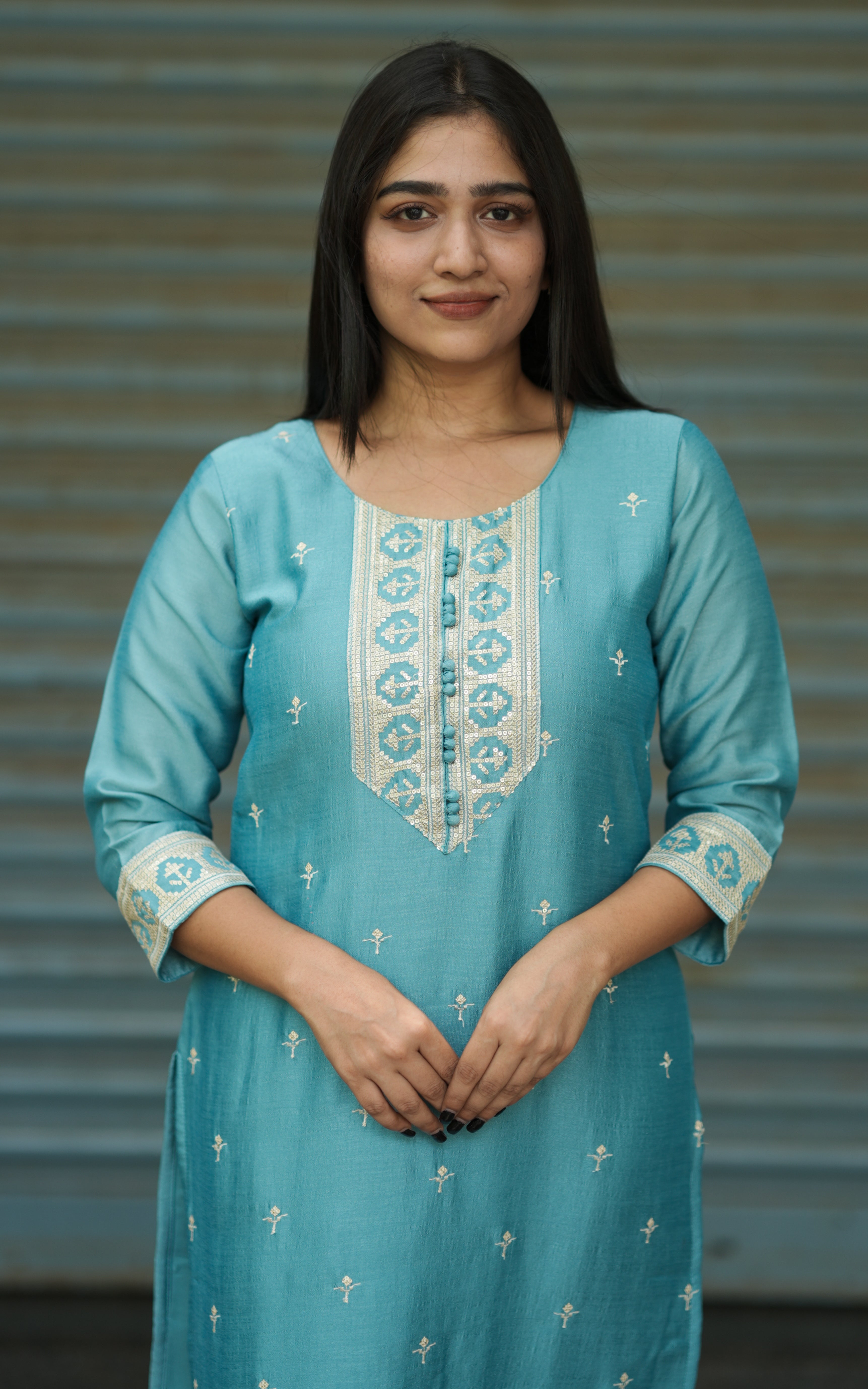  Sky Blue kurti with white embroidery 