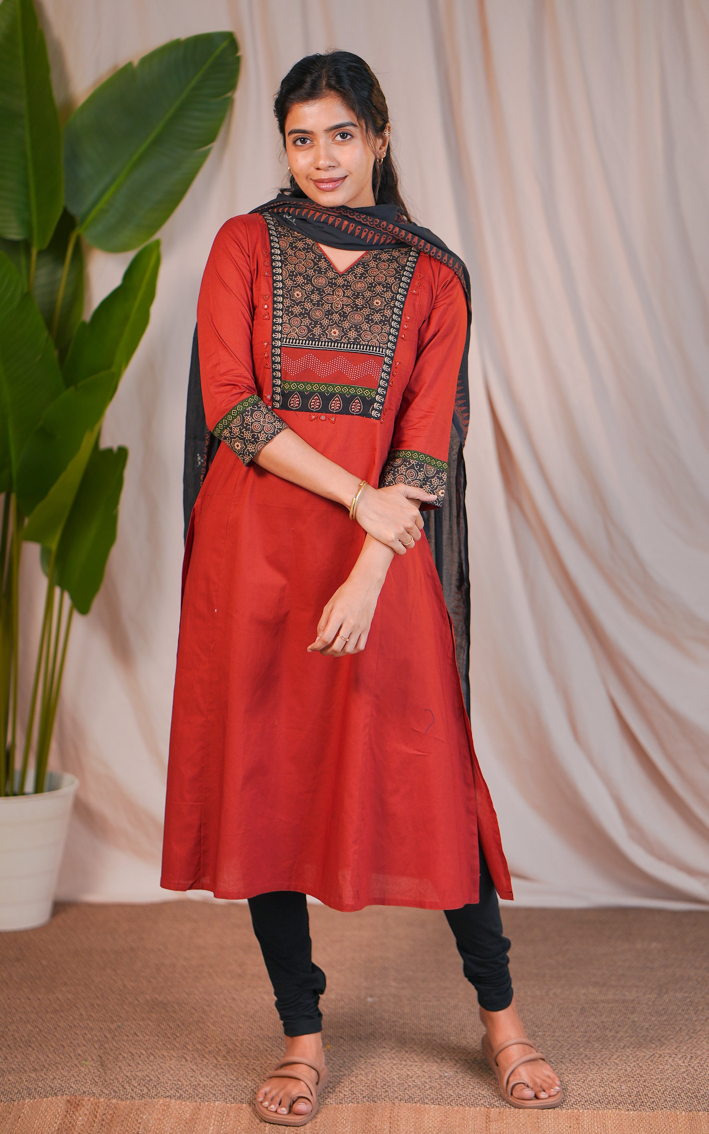 Red Kurti Set with Side Slit & Handblock Printed Dupatta