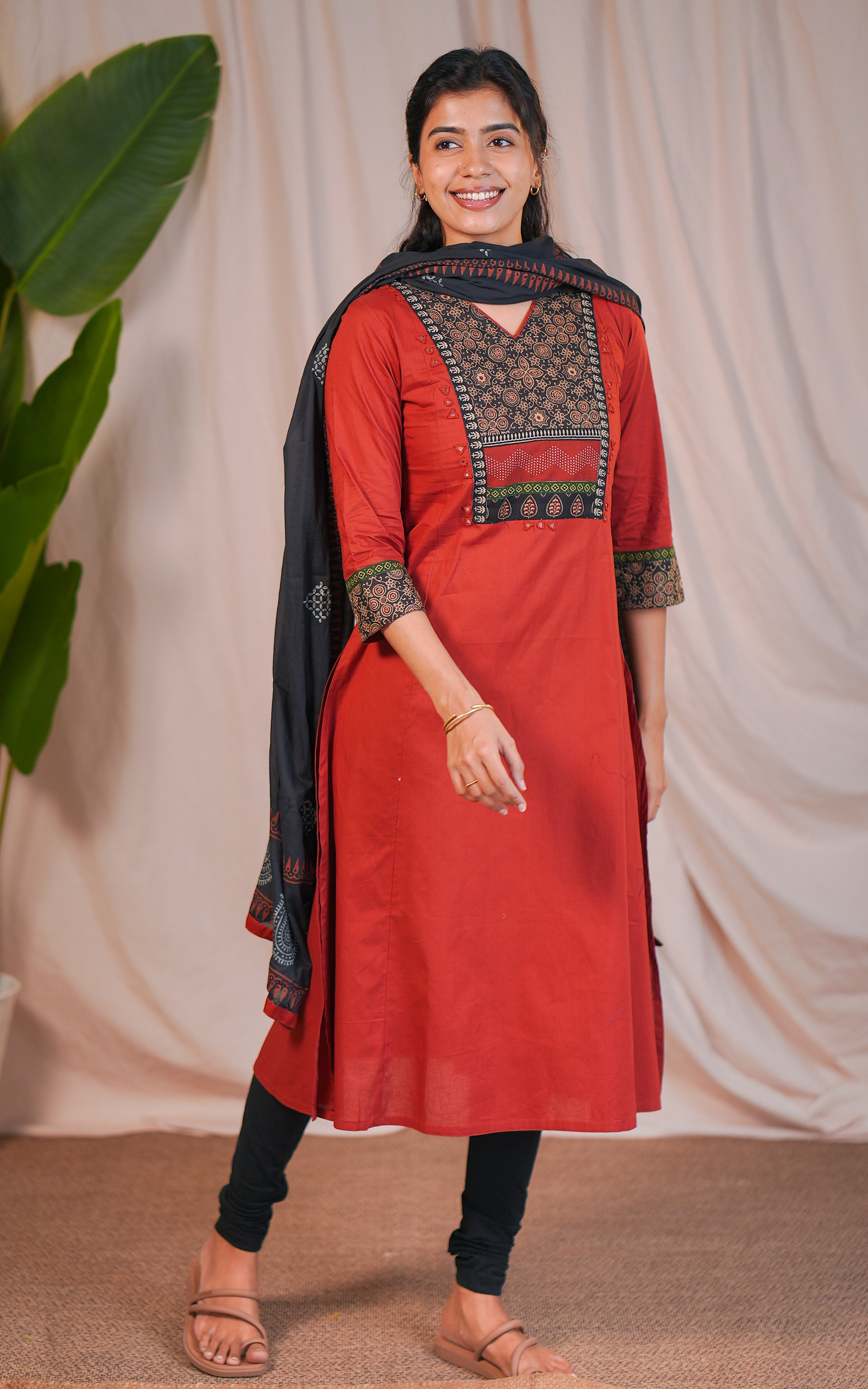 Ethnic Red Cotton Mirror Embroidered A-Line Kurti