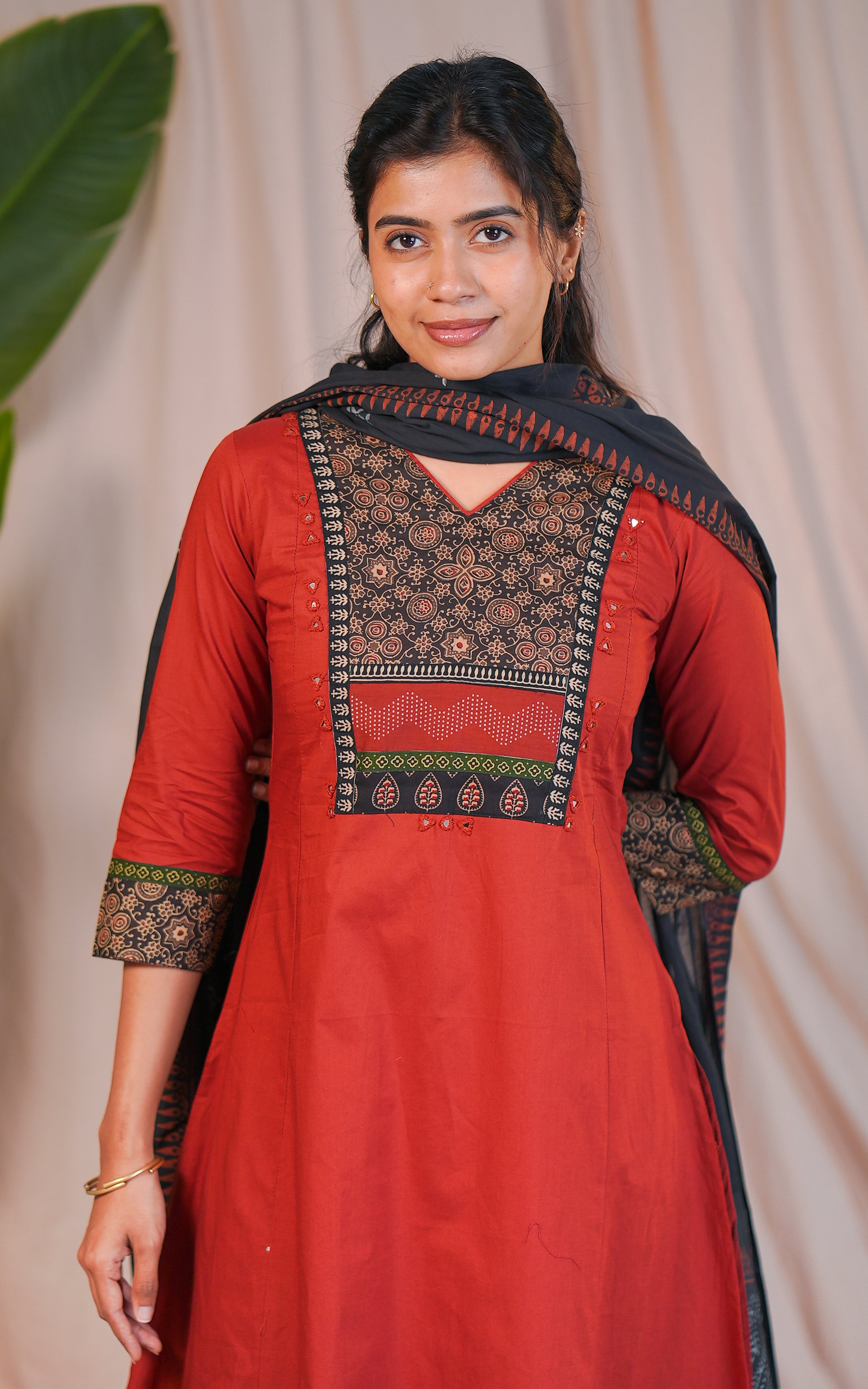 Red Cotton A-Line Kurti with Mirror Embroidery & Dupatta