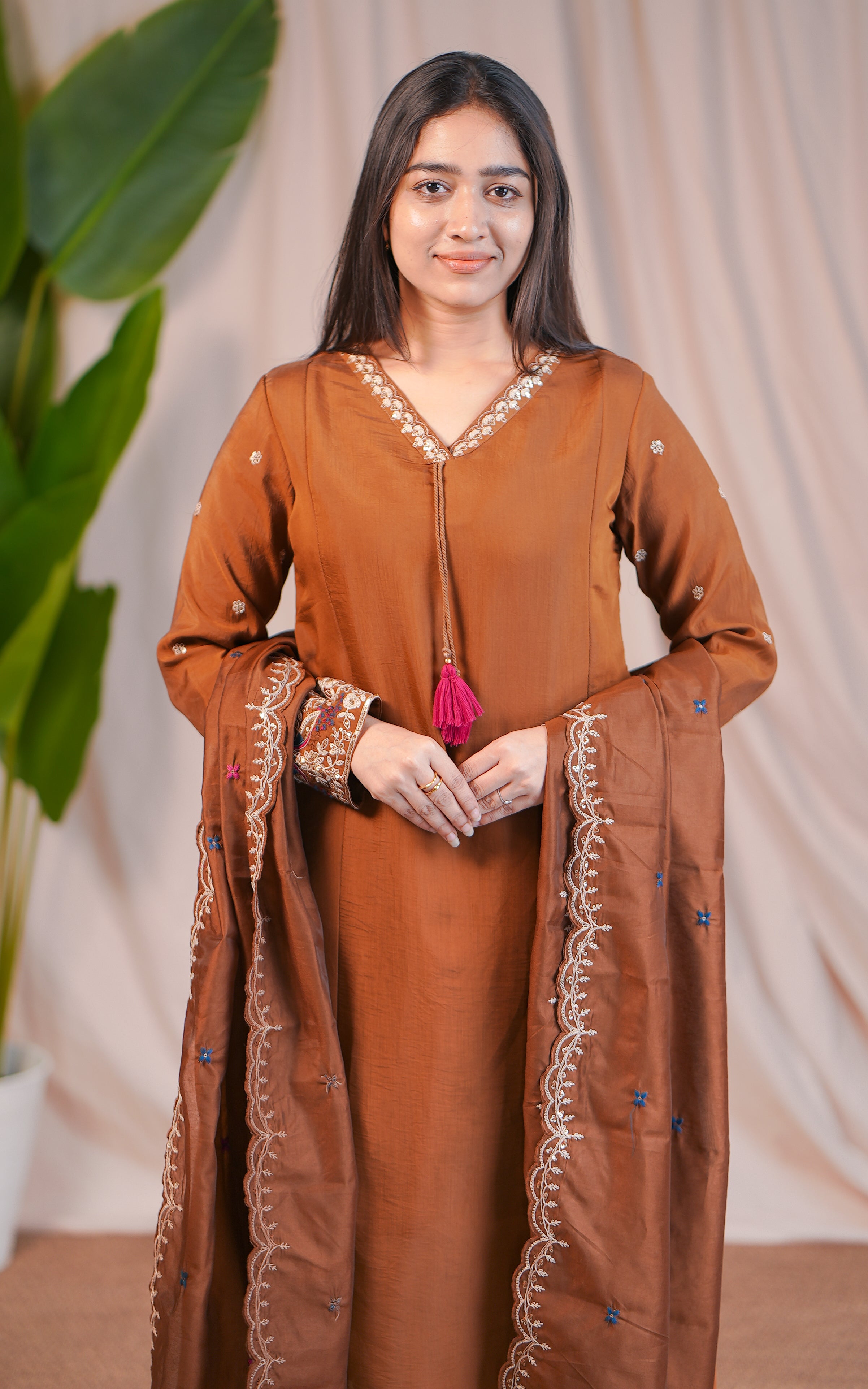 Ethnic Brown A-Line Kurti with Sequin Work for Women