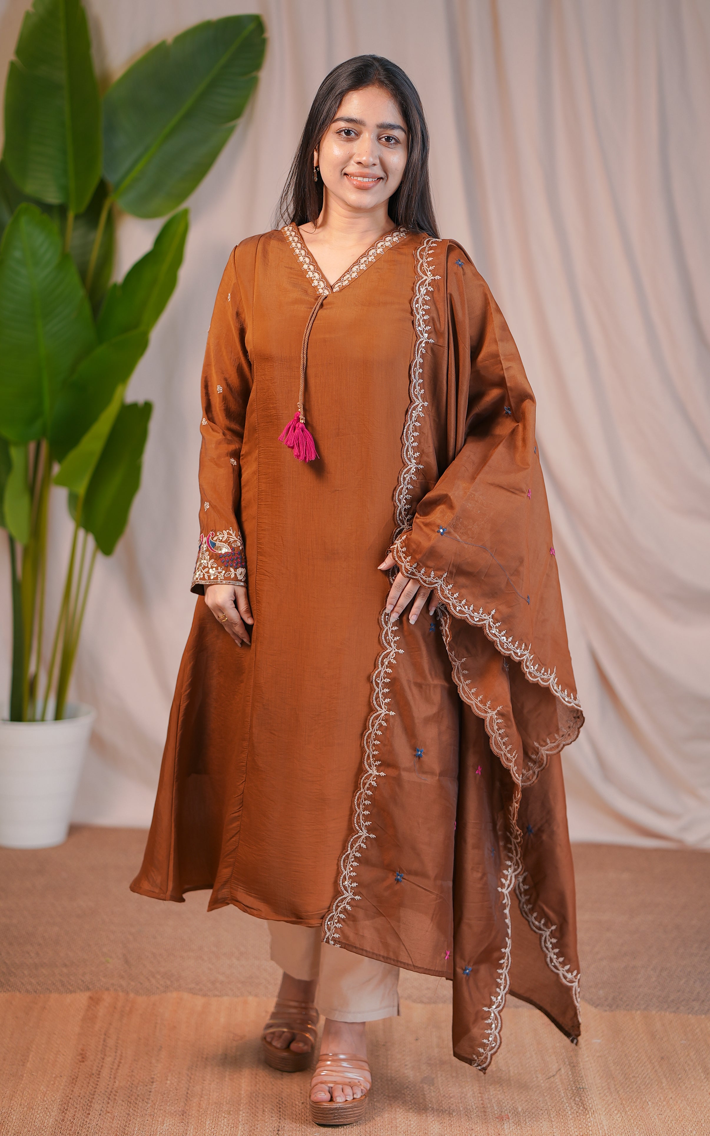 Brown Art Silk Kurti Dupatta Set with Embroidery