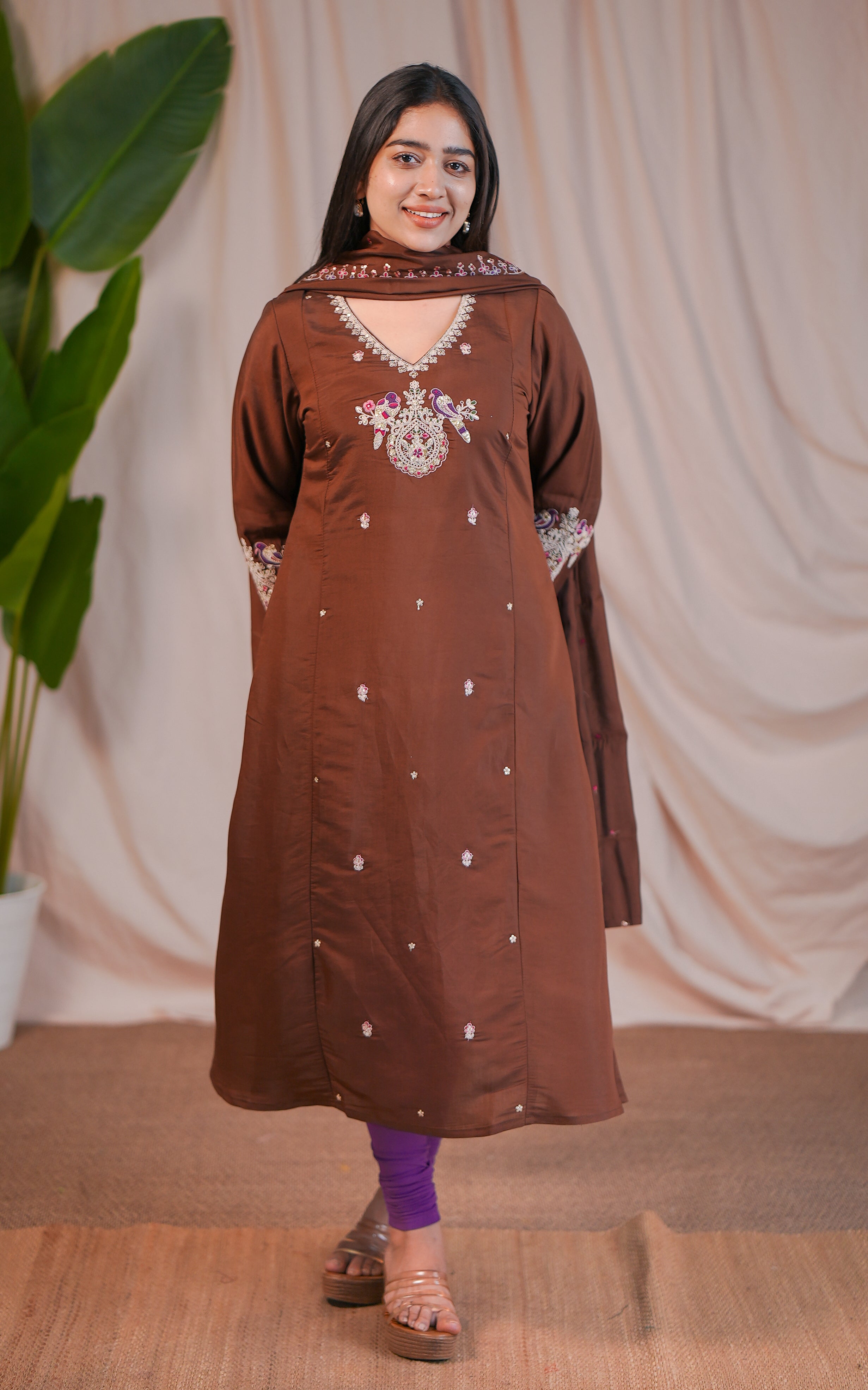 Ethnic Brown Art Silk A-Line Kurti for Women