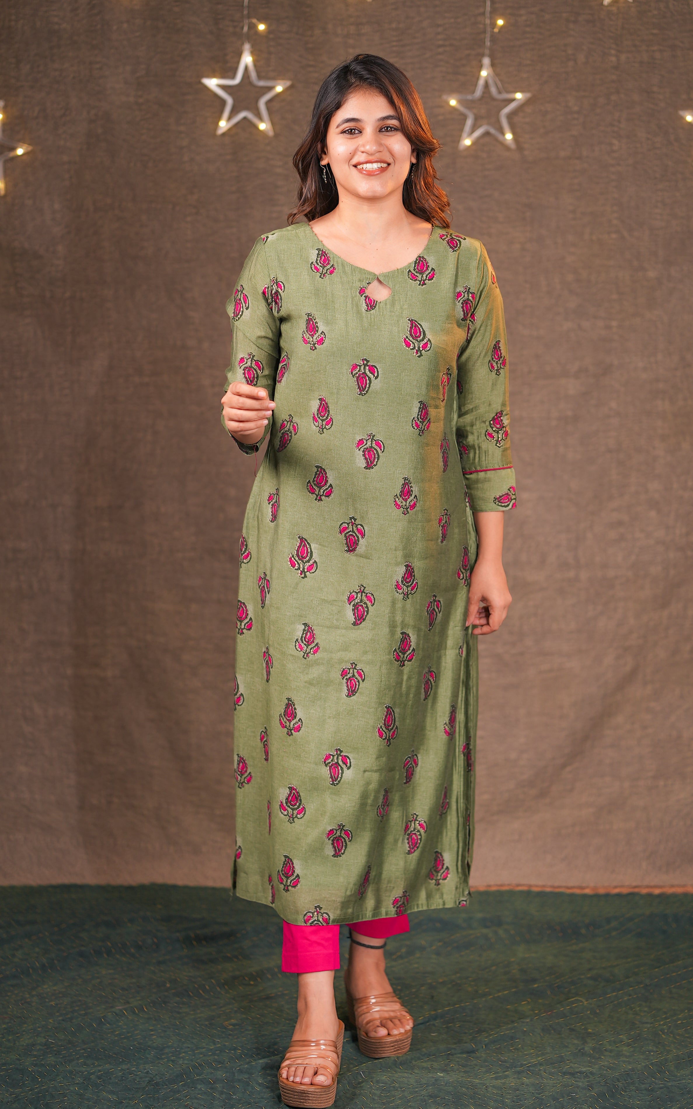 Instore - Olive & Green Color Art Silk Straight Cut kurti designed with a stylish keyhole neckline & Cotton Lining
