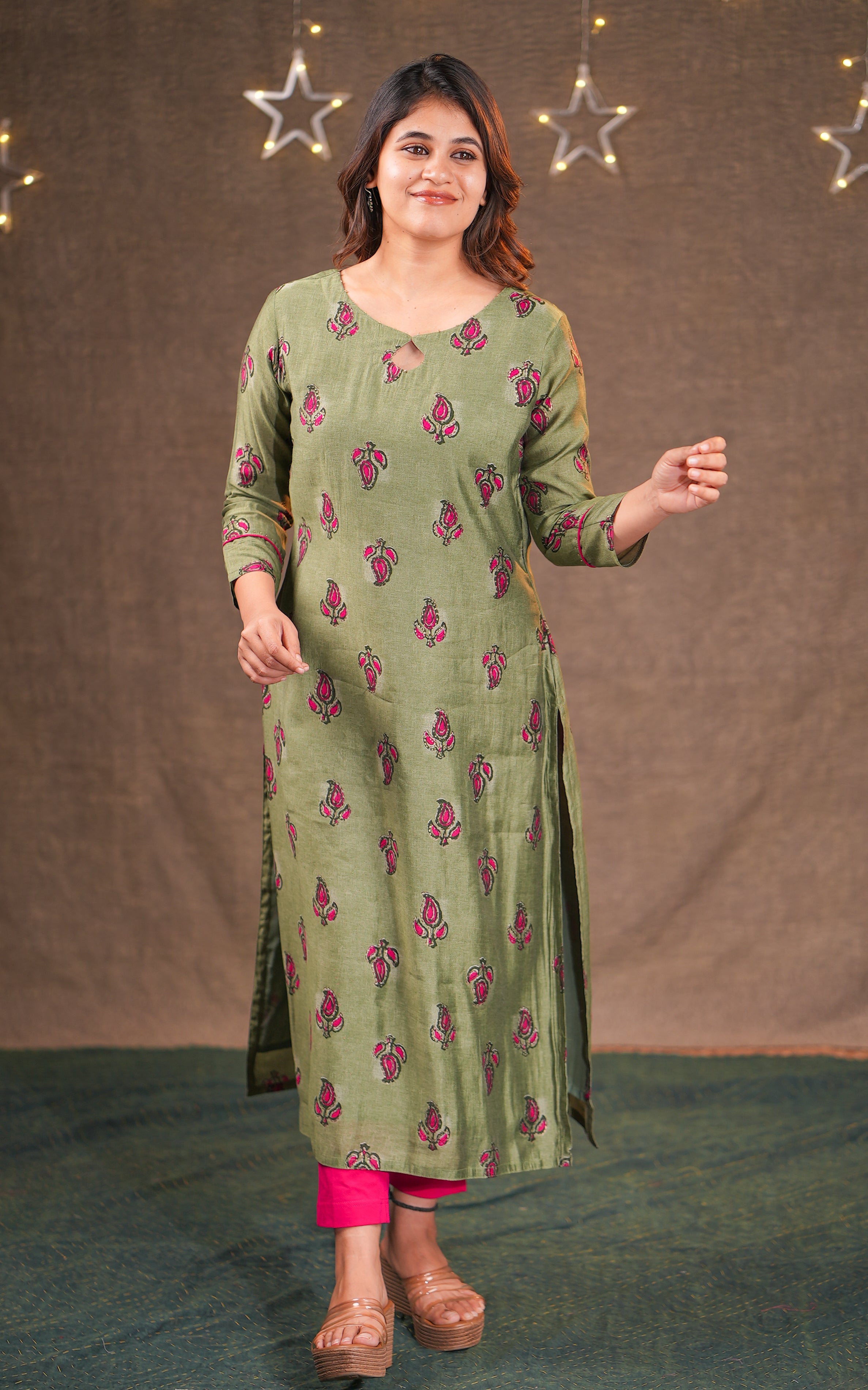 Instore - Olive & Green Color Art Silk Straight Cut kurti designed with a stylish keyhole neckline & Cotton Lining