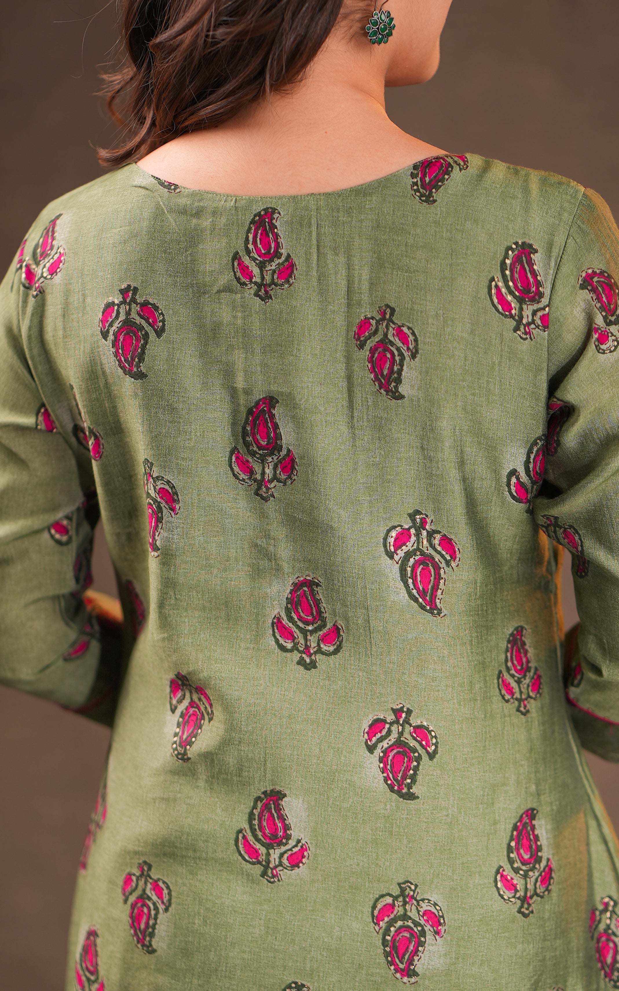 Instore - Olive & Green Color Art Silk Straight Cut kurti designed with a stylish keyhole neckline & Cotton Lining