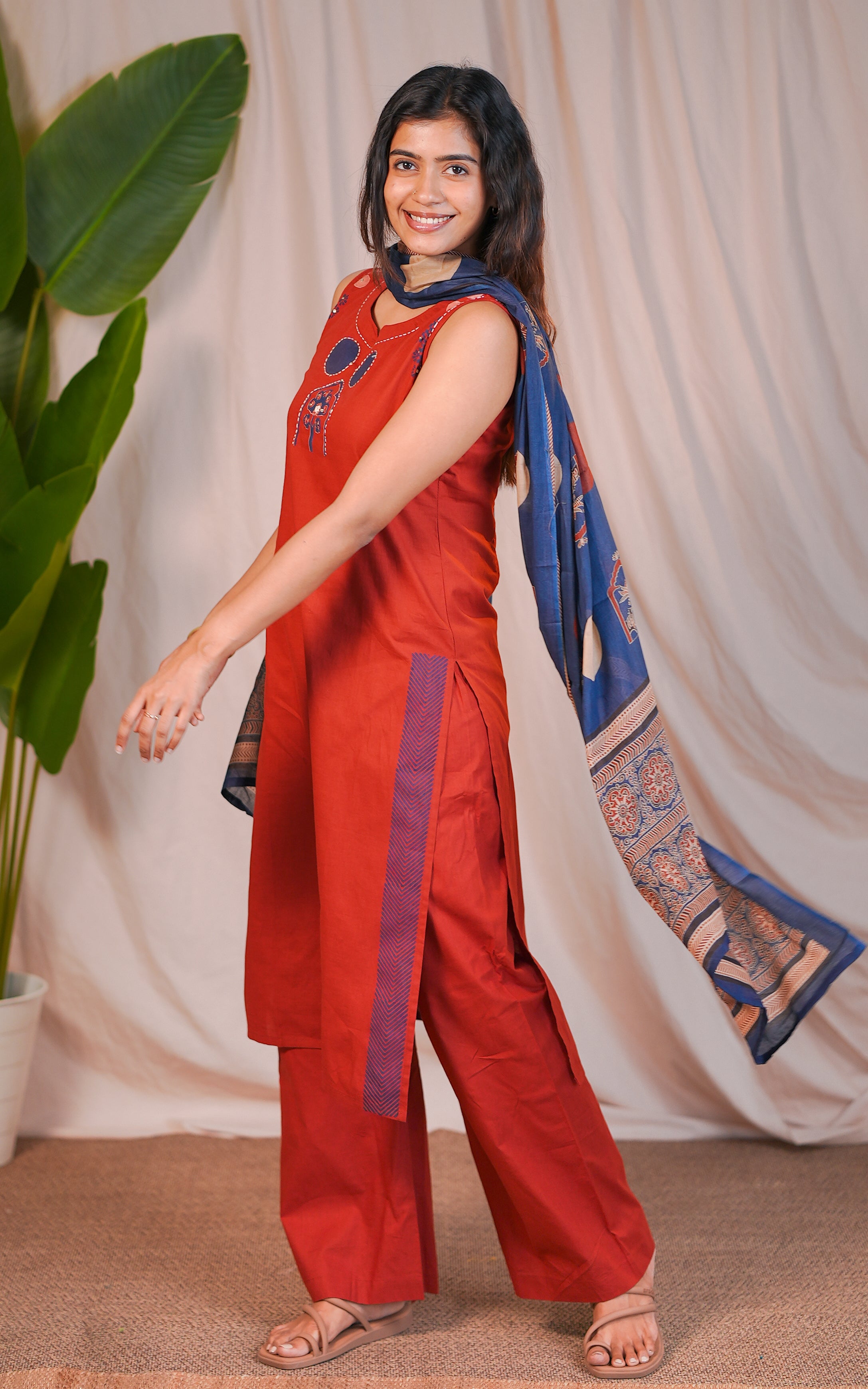 Instore – Innisai A Rust Cotton Handblock Straight Cut Kurti with Side Slit, Palazzo Pant with Elastic Waistband, and Handblock Printed Cotton Dupatta – Women's Ethnic Set