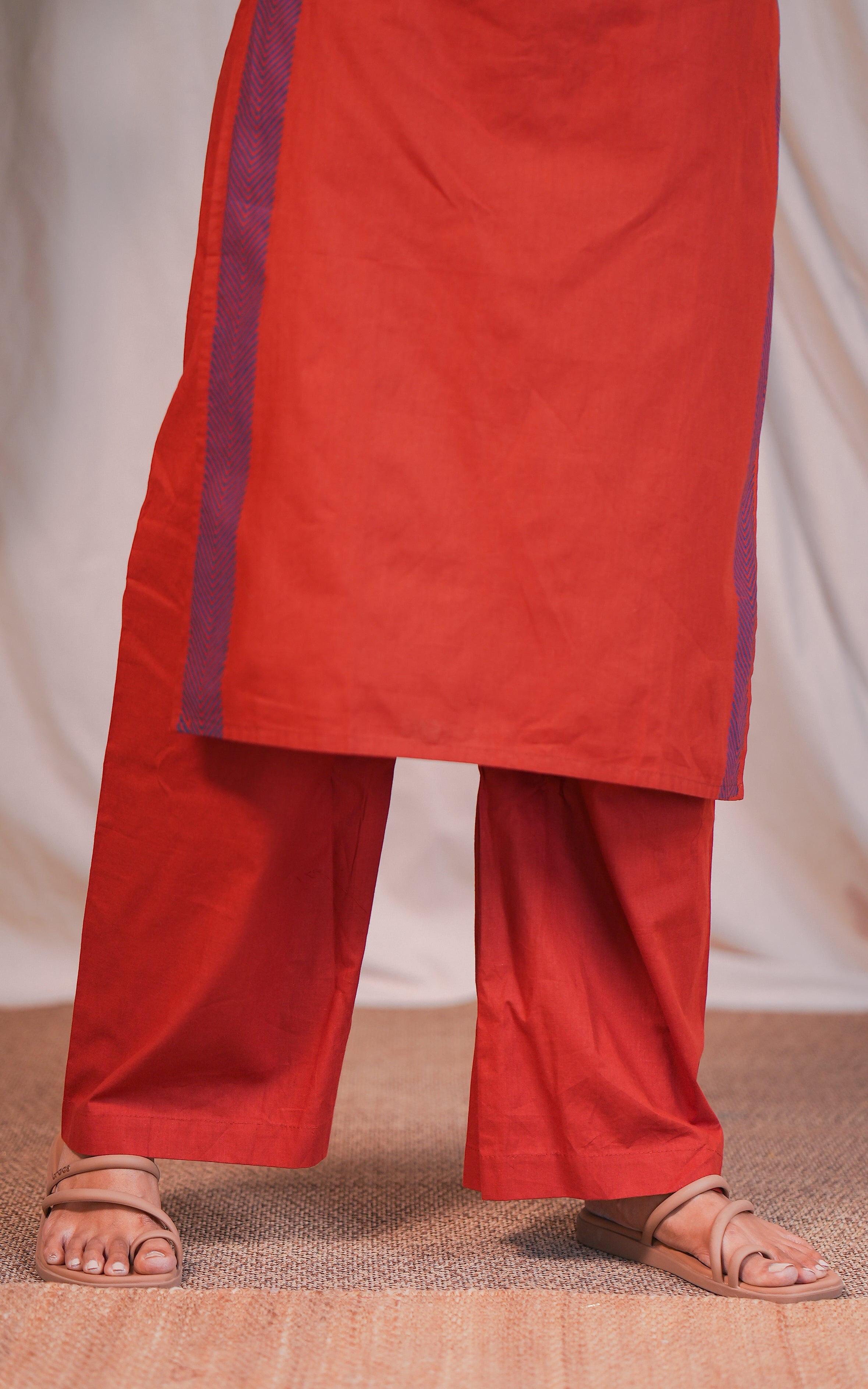 Instore – Innisai A Rust Cotton Handblock Straight Cut Kurti with Side Slit, Palazzo Pant with Elastic Waistband, and Handblock Printed Cotton Dupatta – Women's Ethnic Set