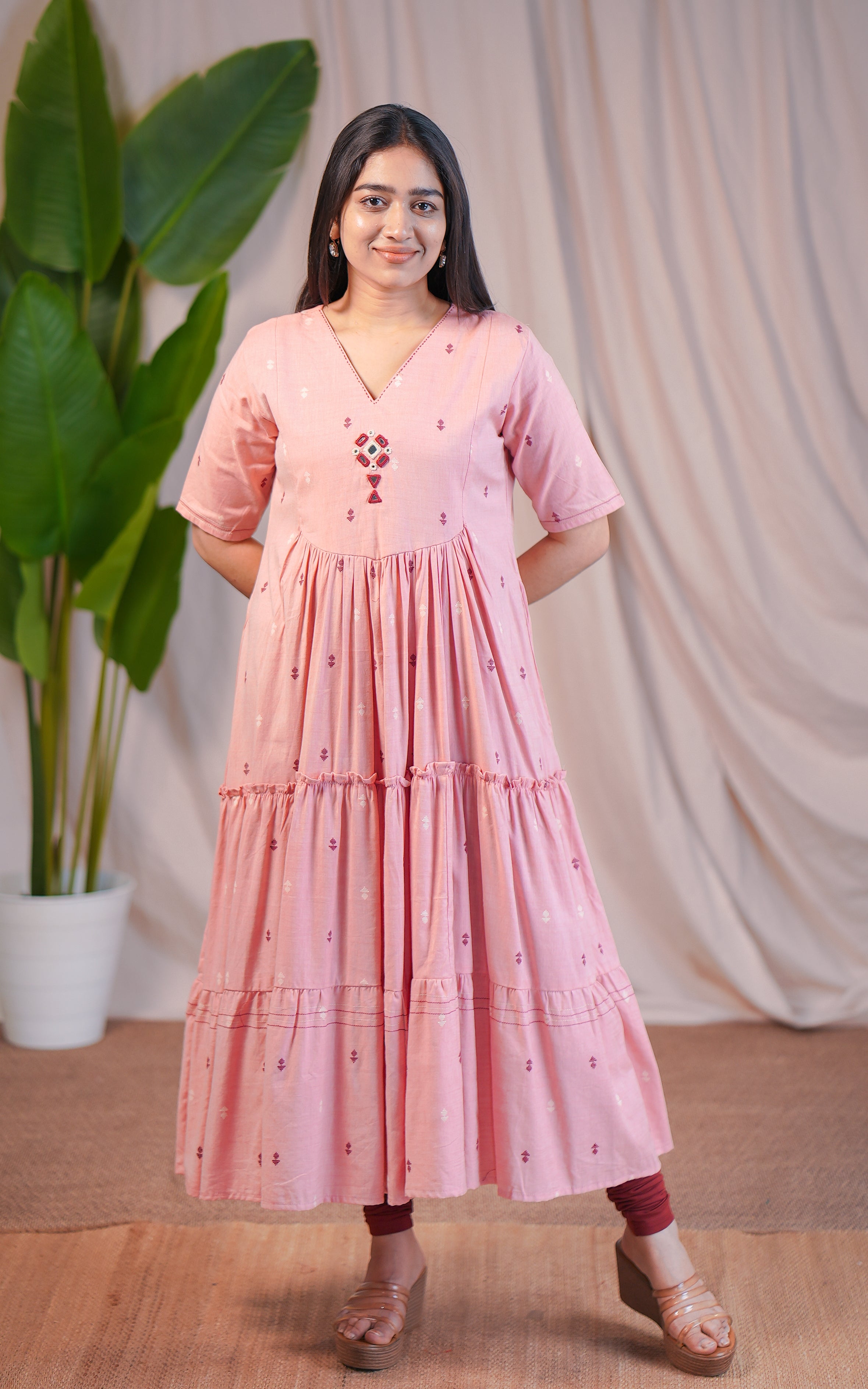 Peach Cotton Tyre Cut Kurti with Mirror Embroidery