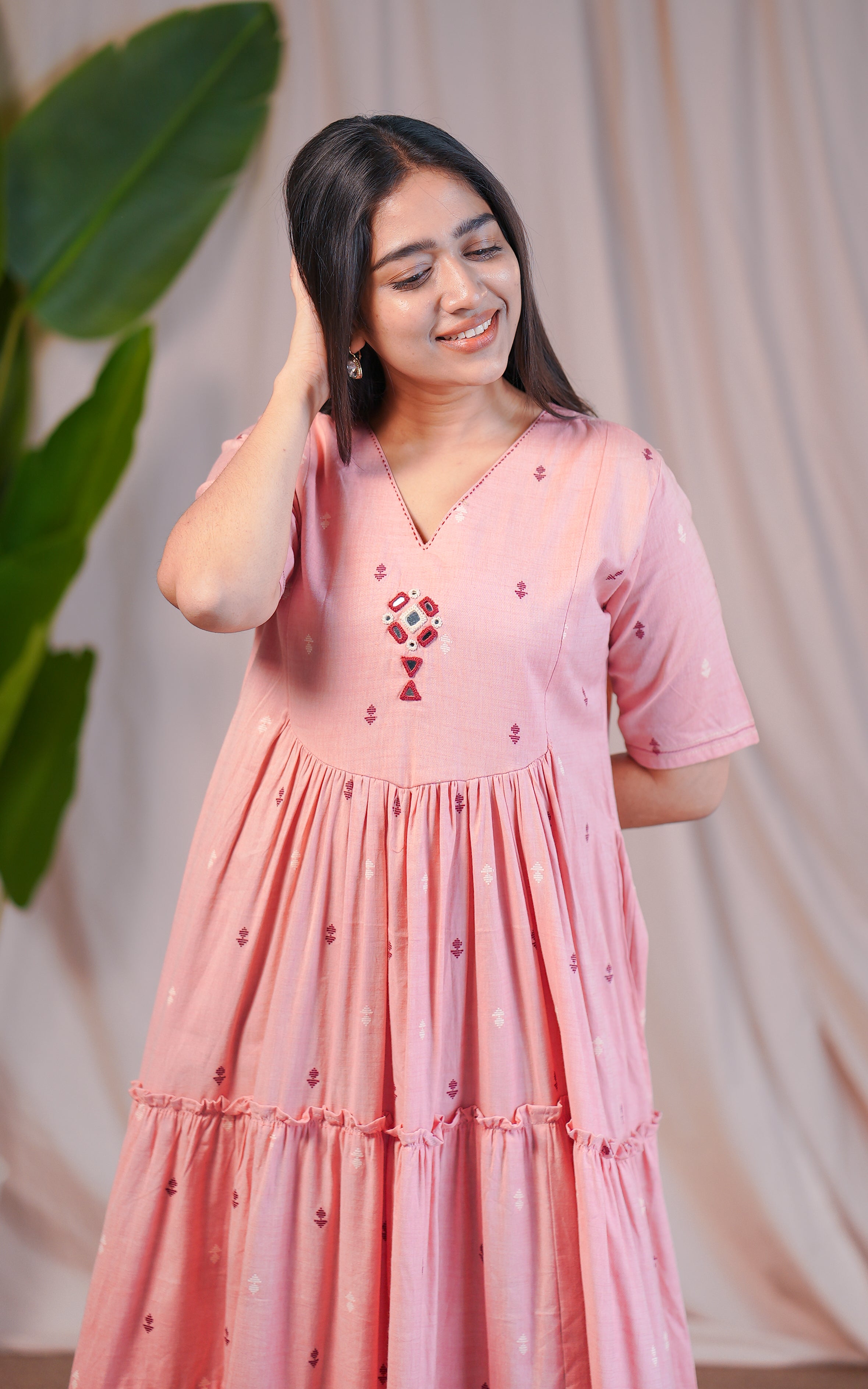 Ethnic Peach Cotton Kurti with Mirror Embroidery on Yoke