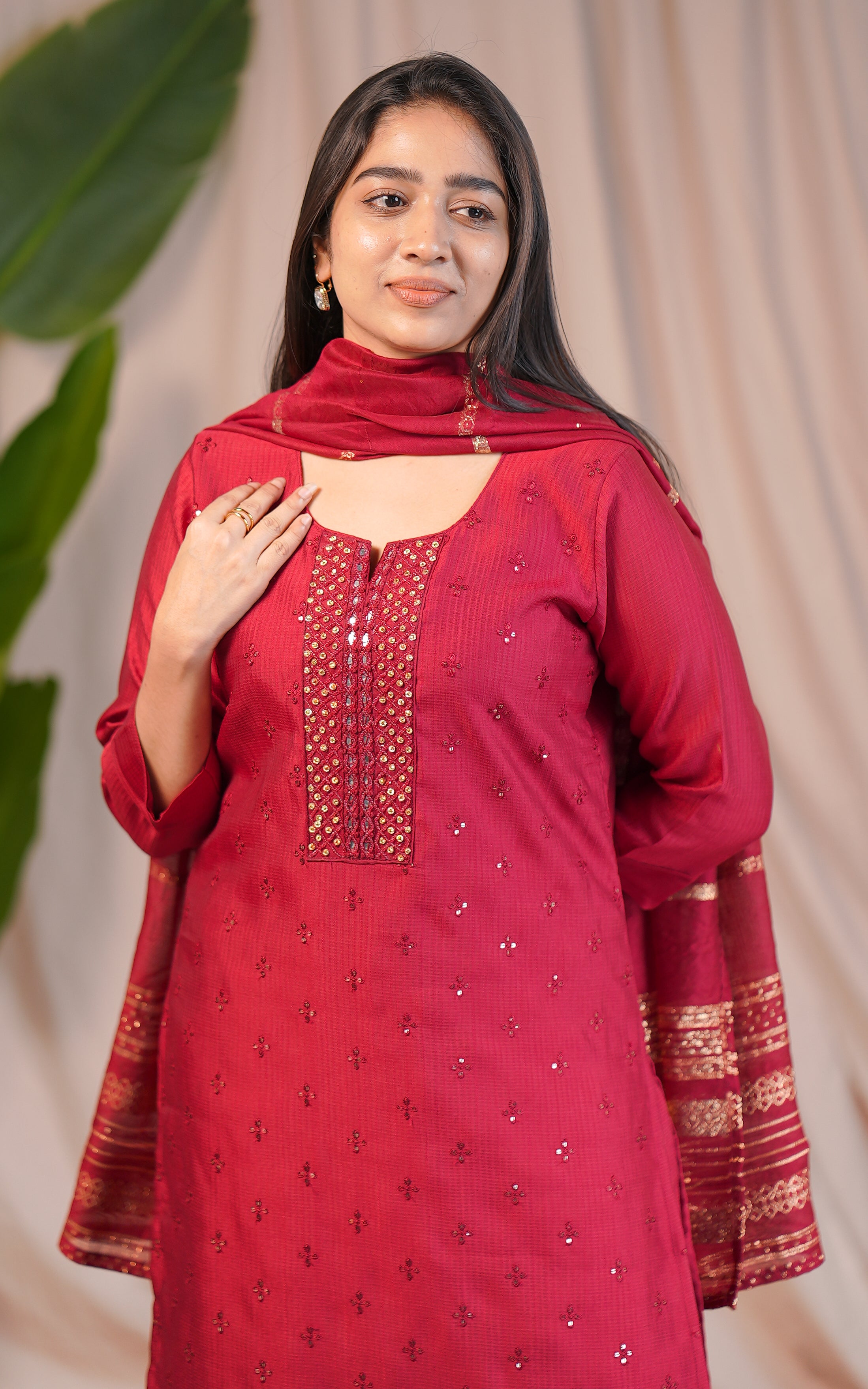 Occasion wear embroidered semi silk kurti set