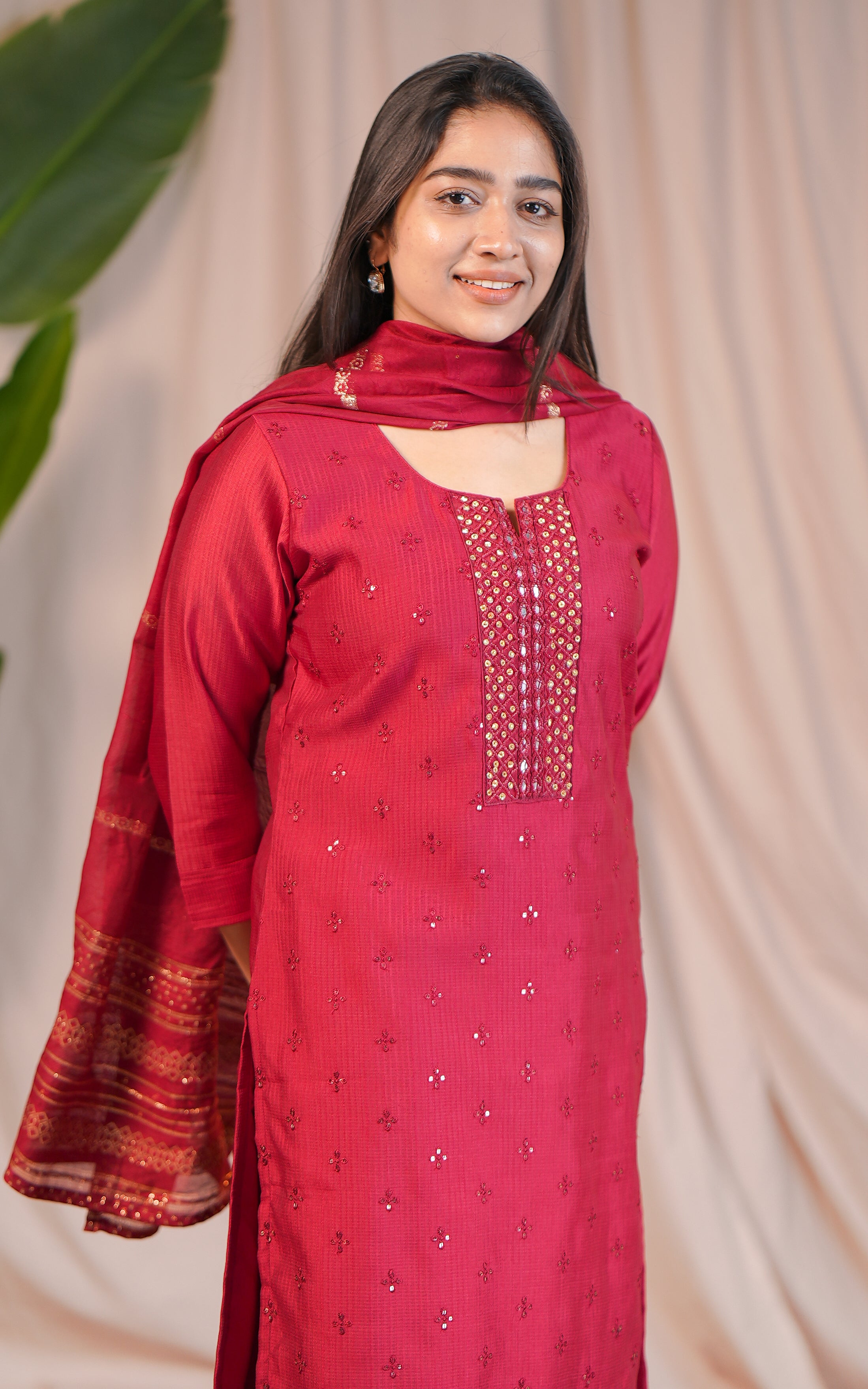 Festive wear semi silk mirror work kurti set for women