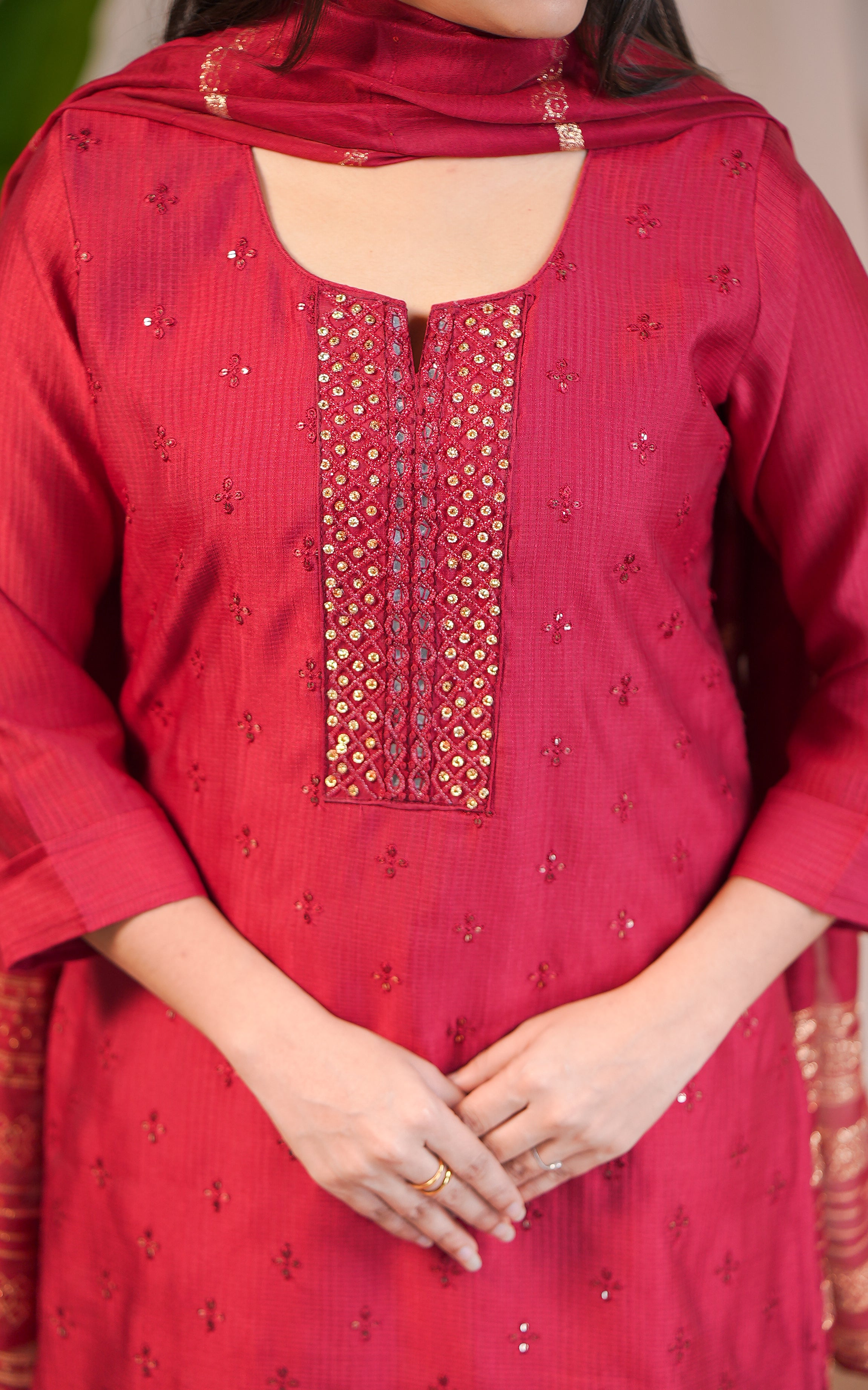 Stylish mirror embroidered semi silk kurti for women