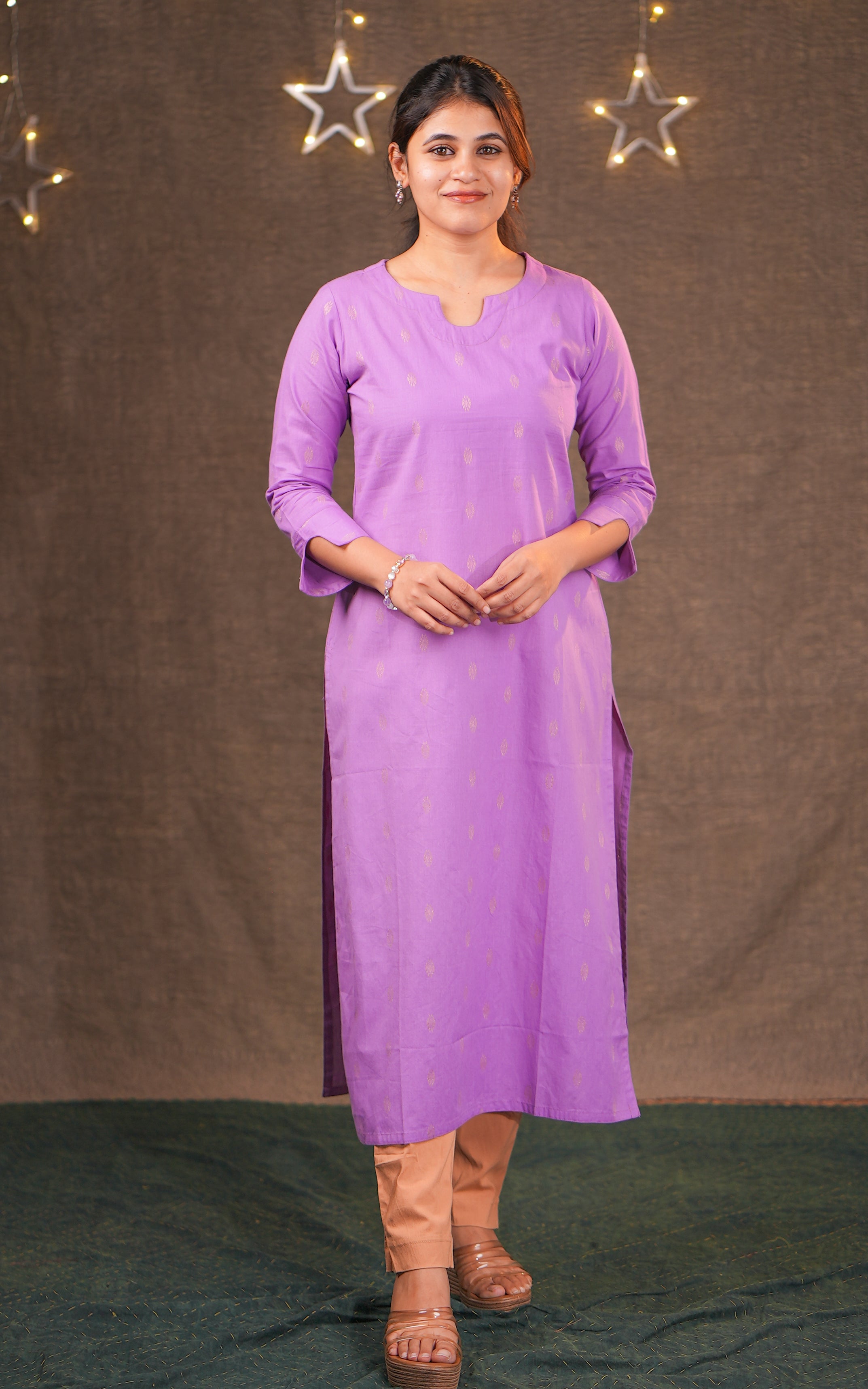 Instore - Lavender Cotton Cotton Straight Cut Kurti with Side Slits and Golden Zari Butta and No Lining
