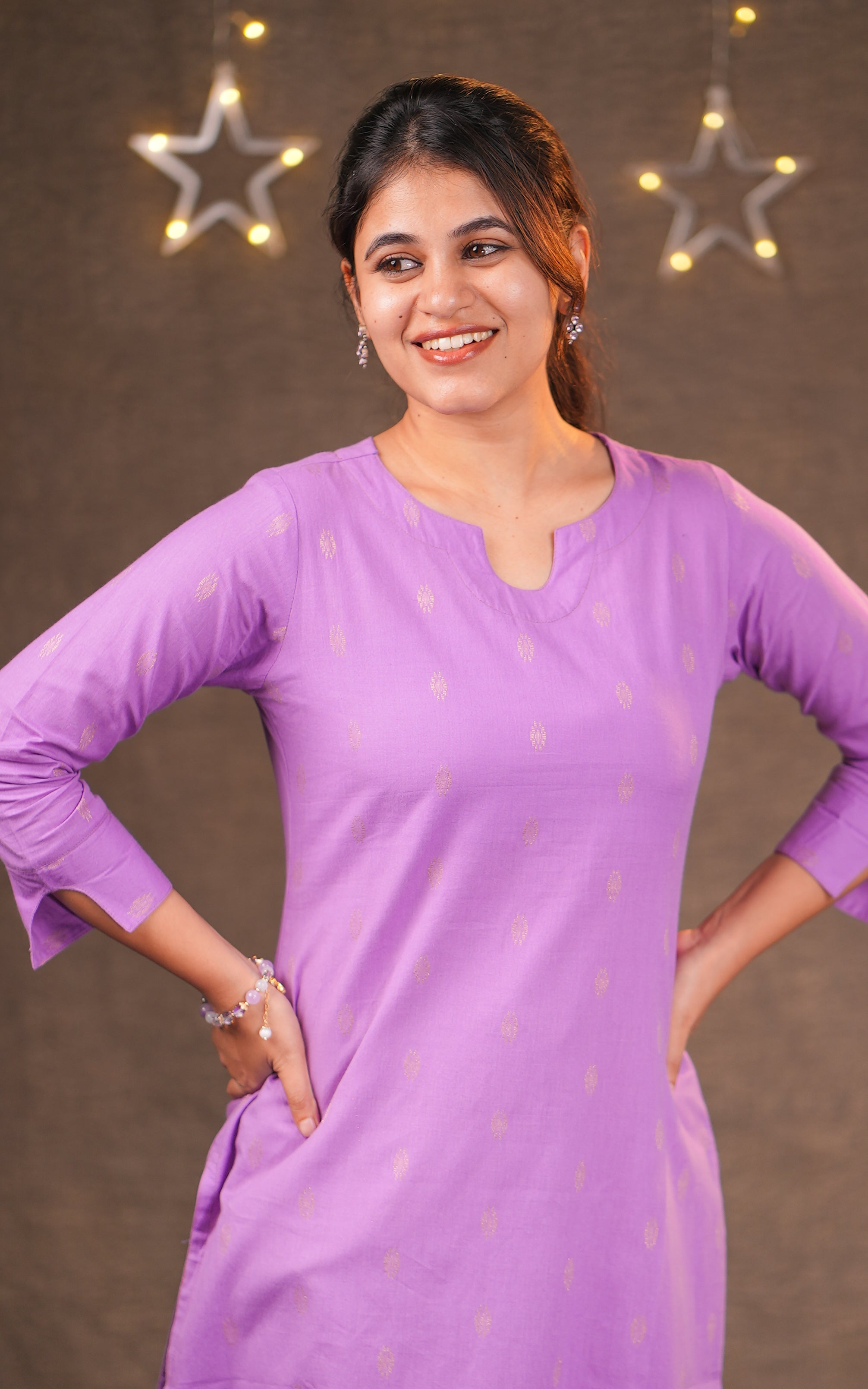 Instore - Lavender Cotton Cotton Straight Cut Kurti with Side Slits and Golden Zari Butta and No Lining