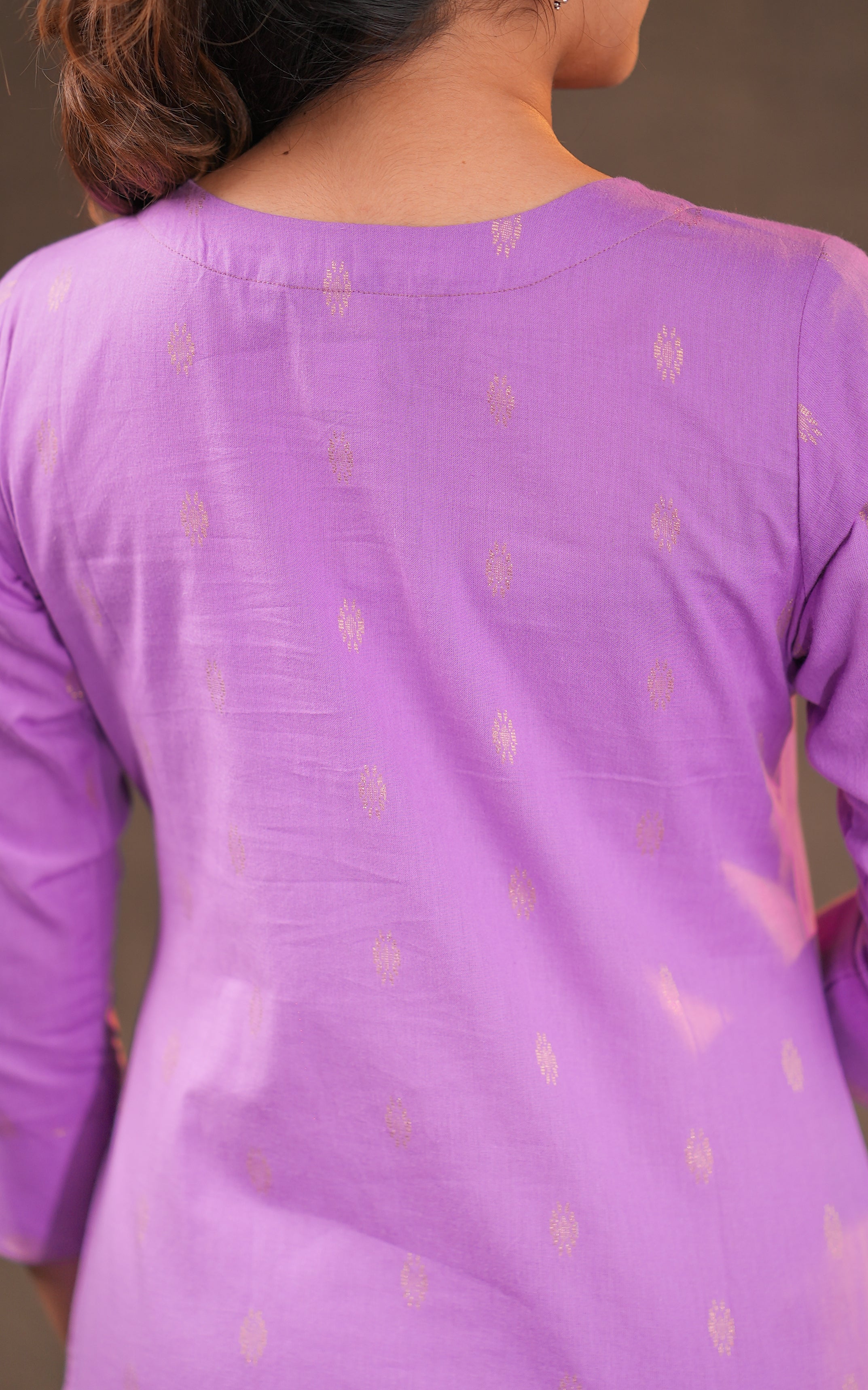 Instore - Lavender Cotton Cotton Straight Cut Kurti with Side Slits and Golden Zari Butta and No Lining