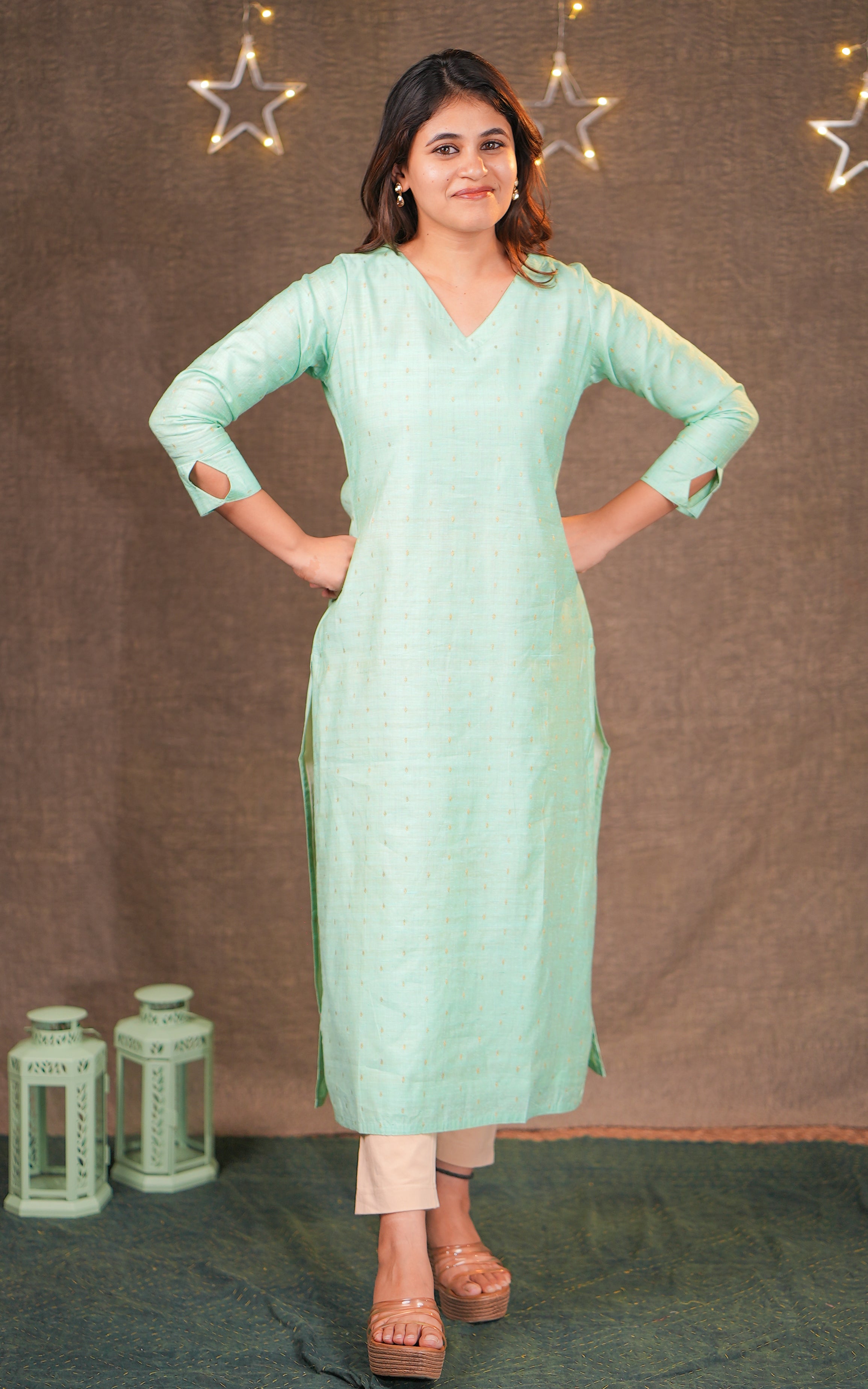 Instore - Pastel Green Color Silk Cotton V-Neck Straight Cut Kurti with Side Slits, & Golden Zari Butta & Butter Crepe Lining 