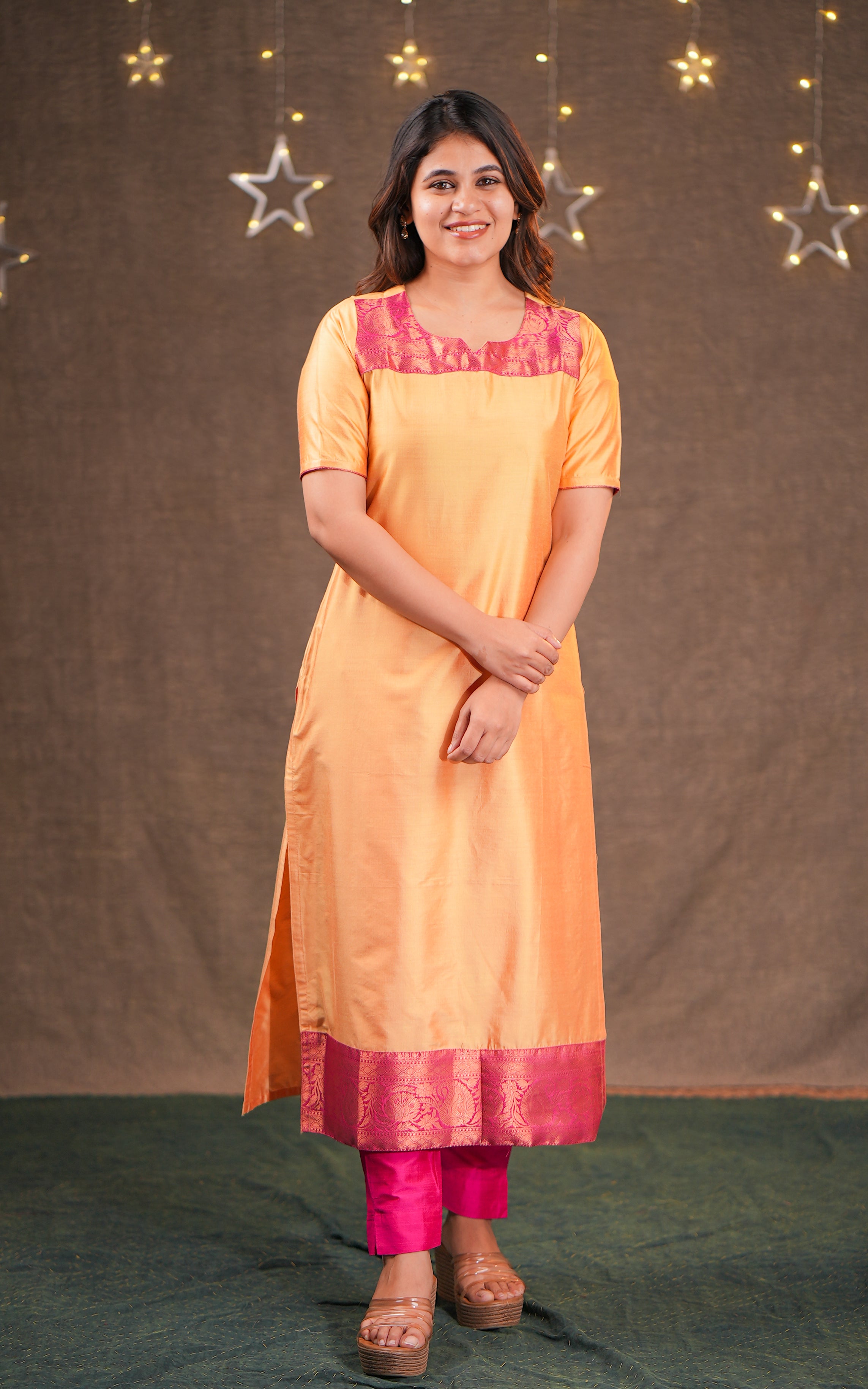 Instore - Sandal Color Silk Cotton Straight Cut Kurti with Side Slit Featuring a Contrast Woven Border and No Lining