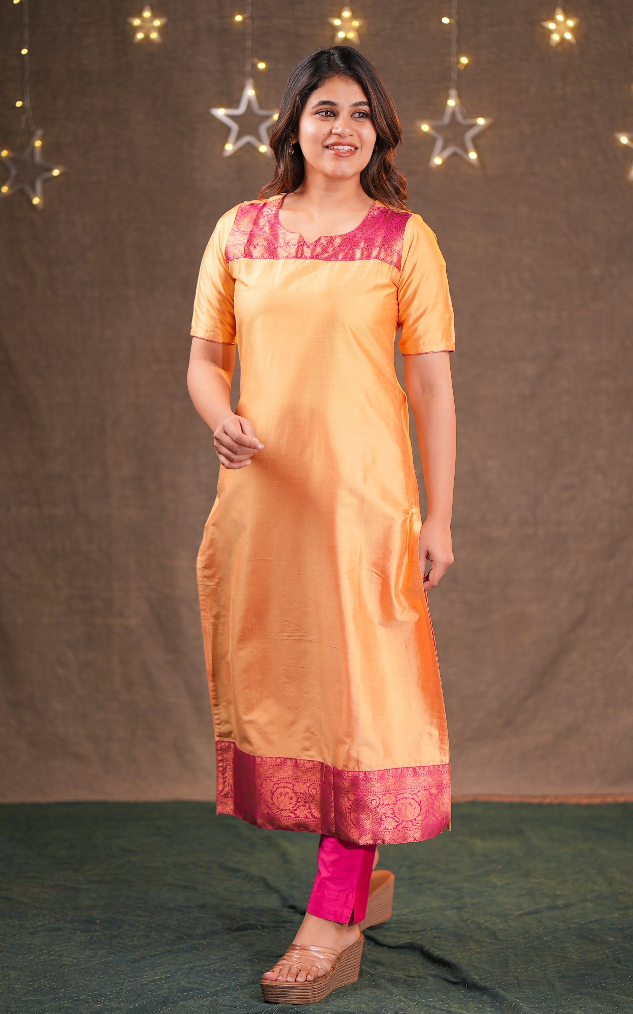 Instore - Sandal Color Silk Cotton Straight Cut Kurti with Side Slit Featuring a Contrast Woven Border and No Lining