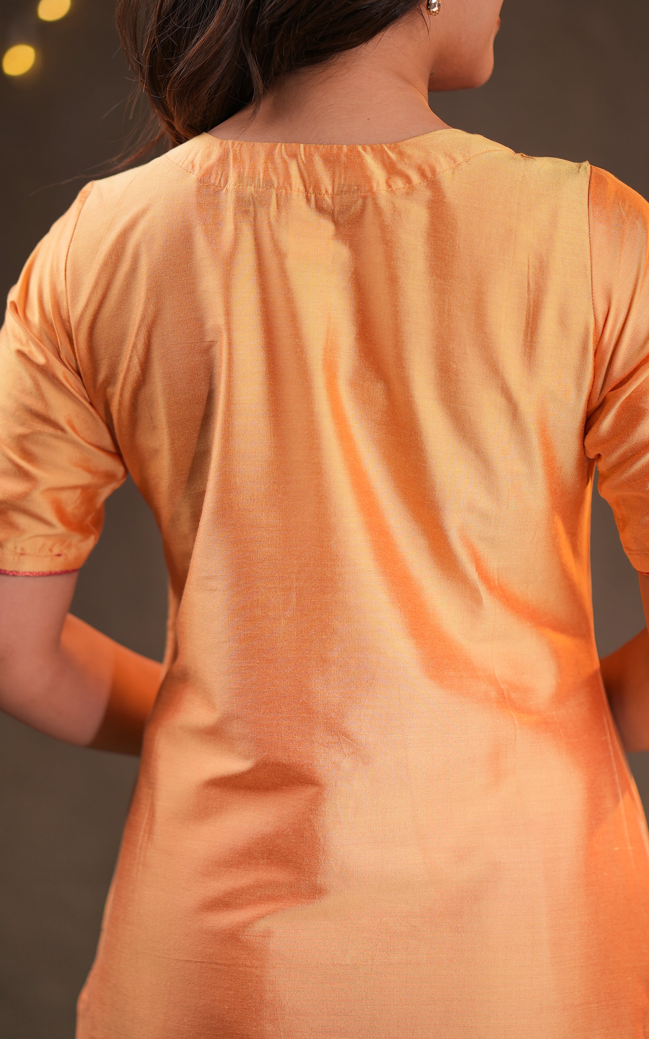 Instore - Sandal Color Silk Cotton Straight Cut Kurti with Side Slit Featuring a Contrast Woven Border and No Lining