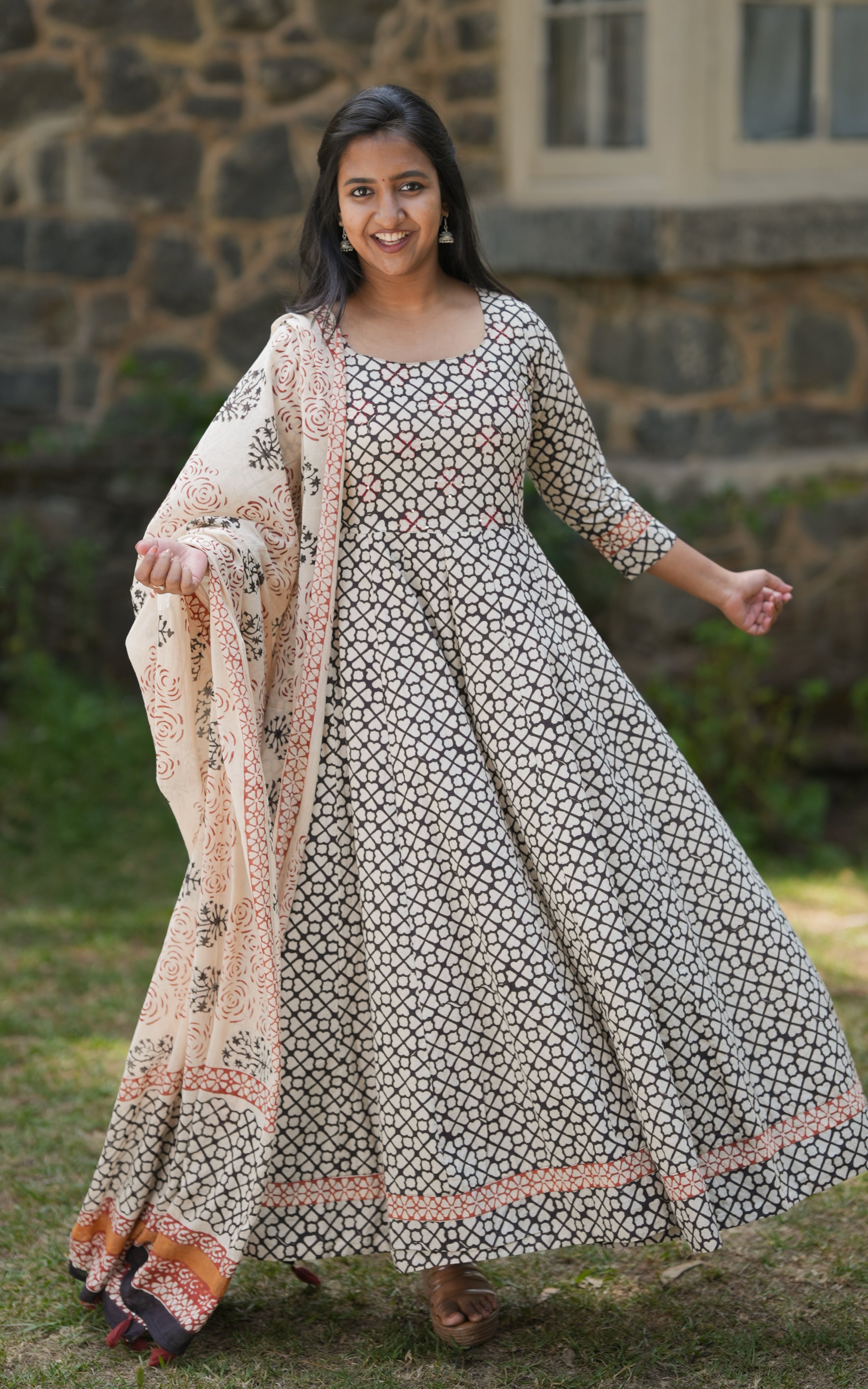 full flared anarkali with duppata in vblack marron and beige combination