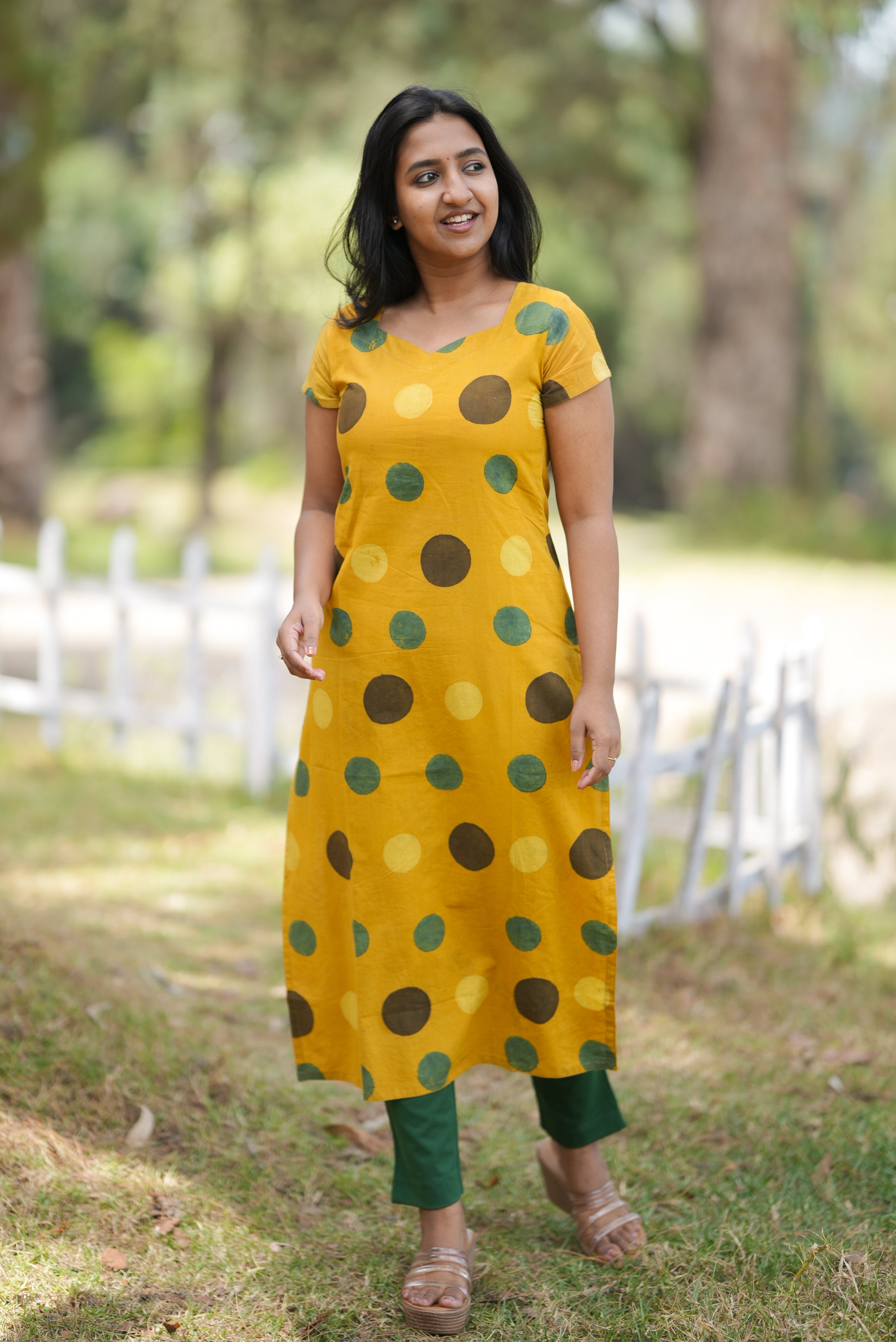 straight cut kurti with straight cut pants [yellow with green] [daily wear] cotton kurti [u neck]
