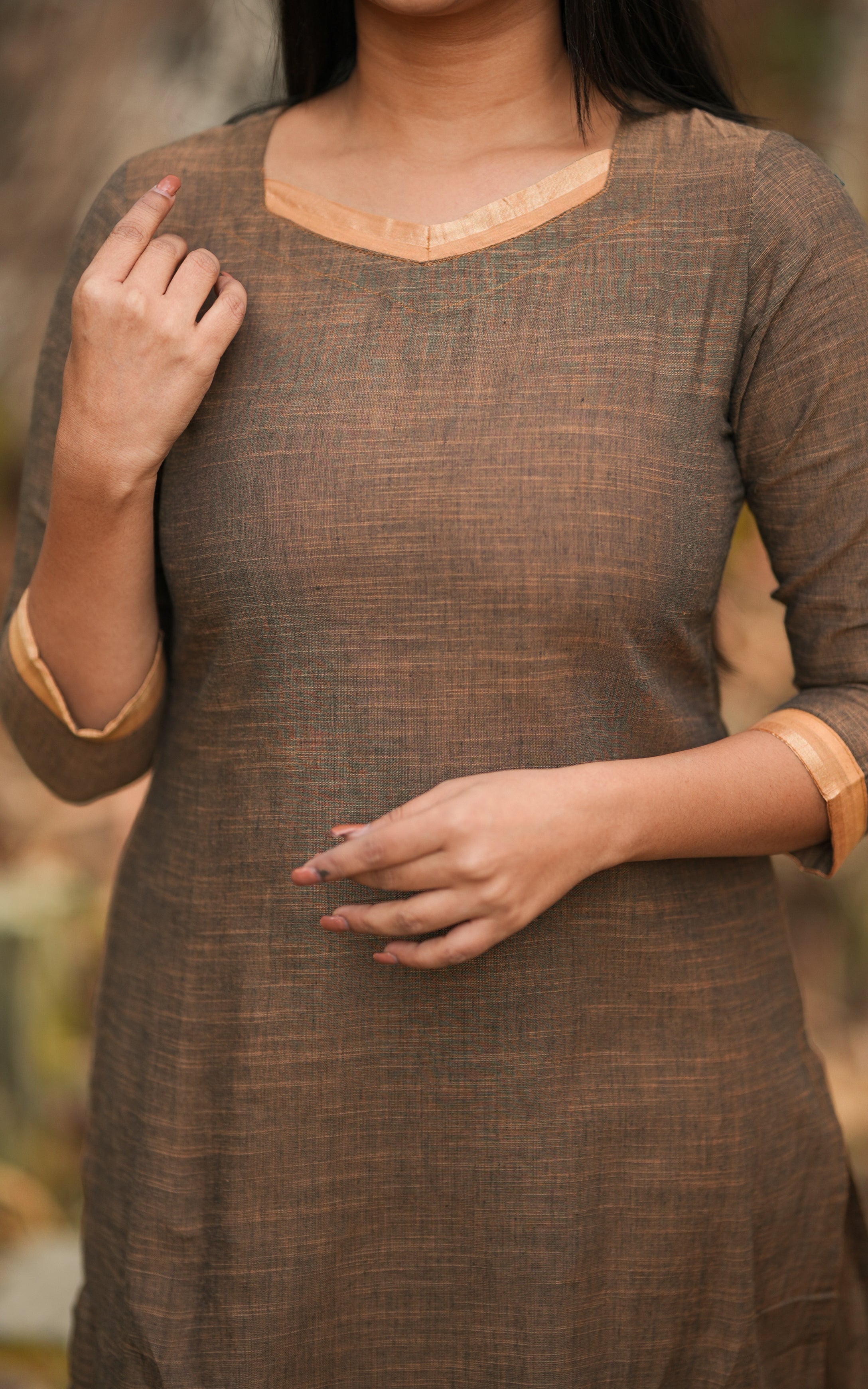 brown kurti office wear within golden combination  3/4th sleeves