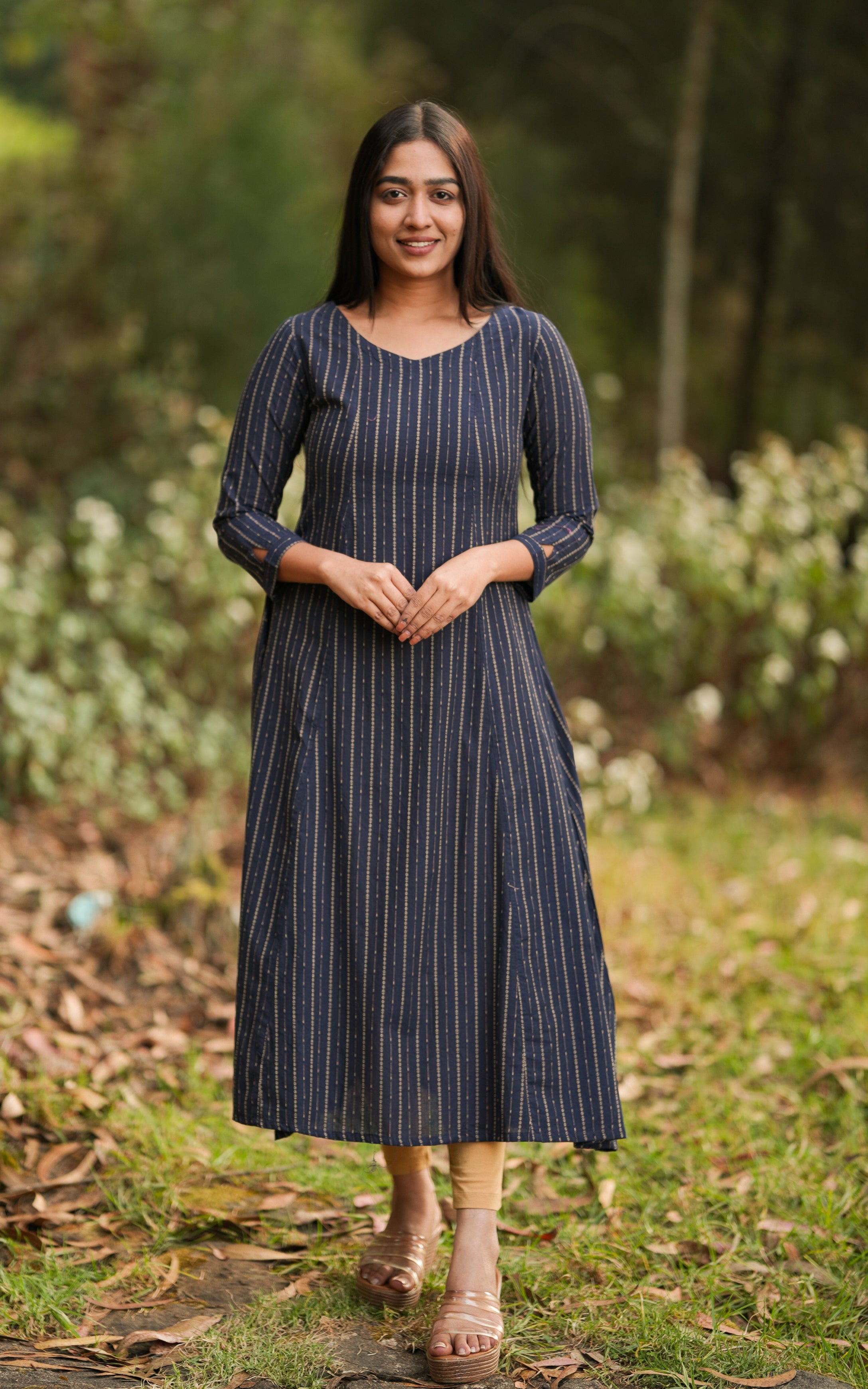 aline navy blue stripes in kurti elegant suits very well for hourglass and pear shaped body