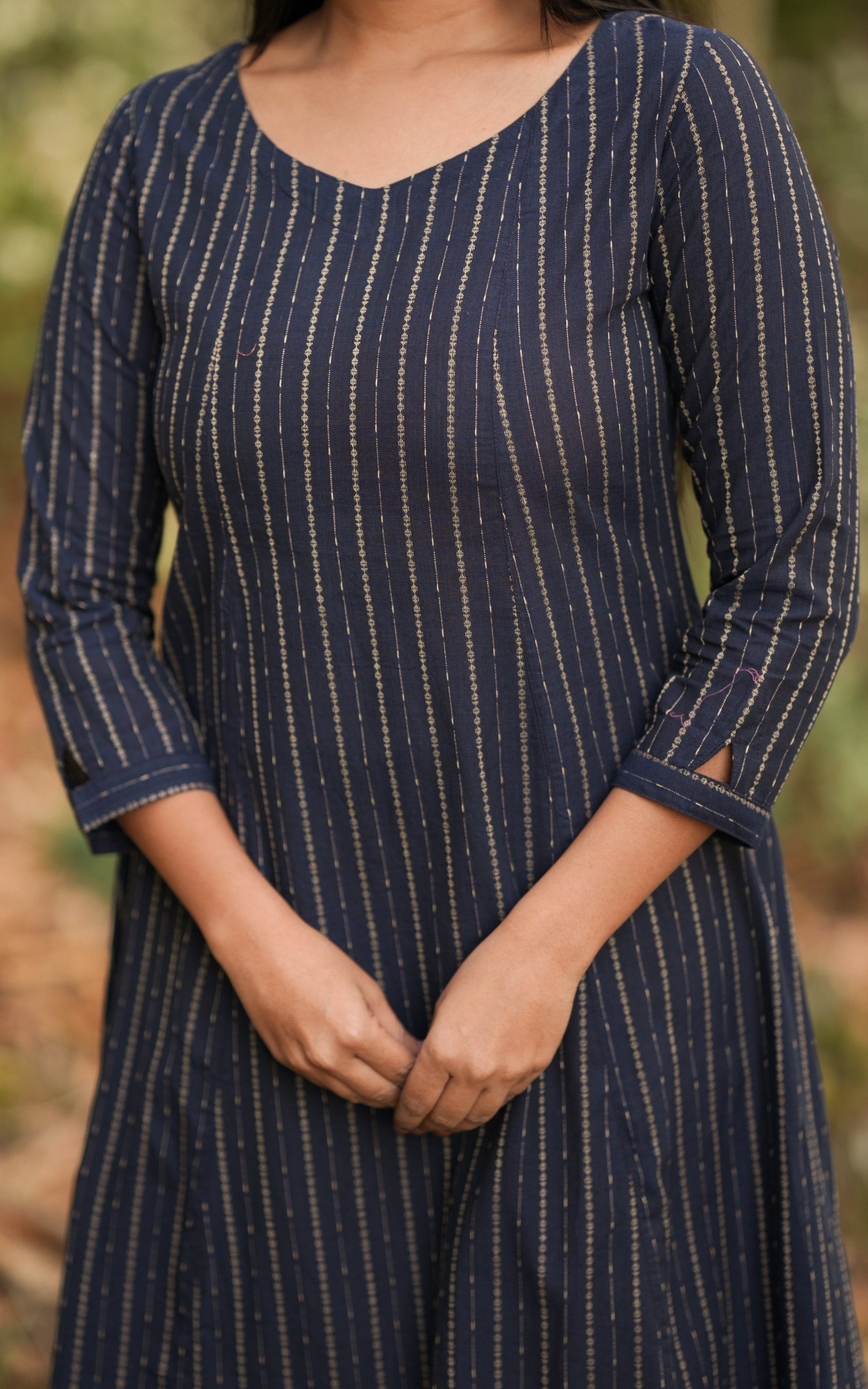 navy blue kurti with beige stripes suits for pear shape body minimal design office wear kurti 